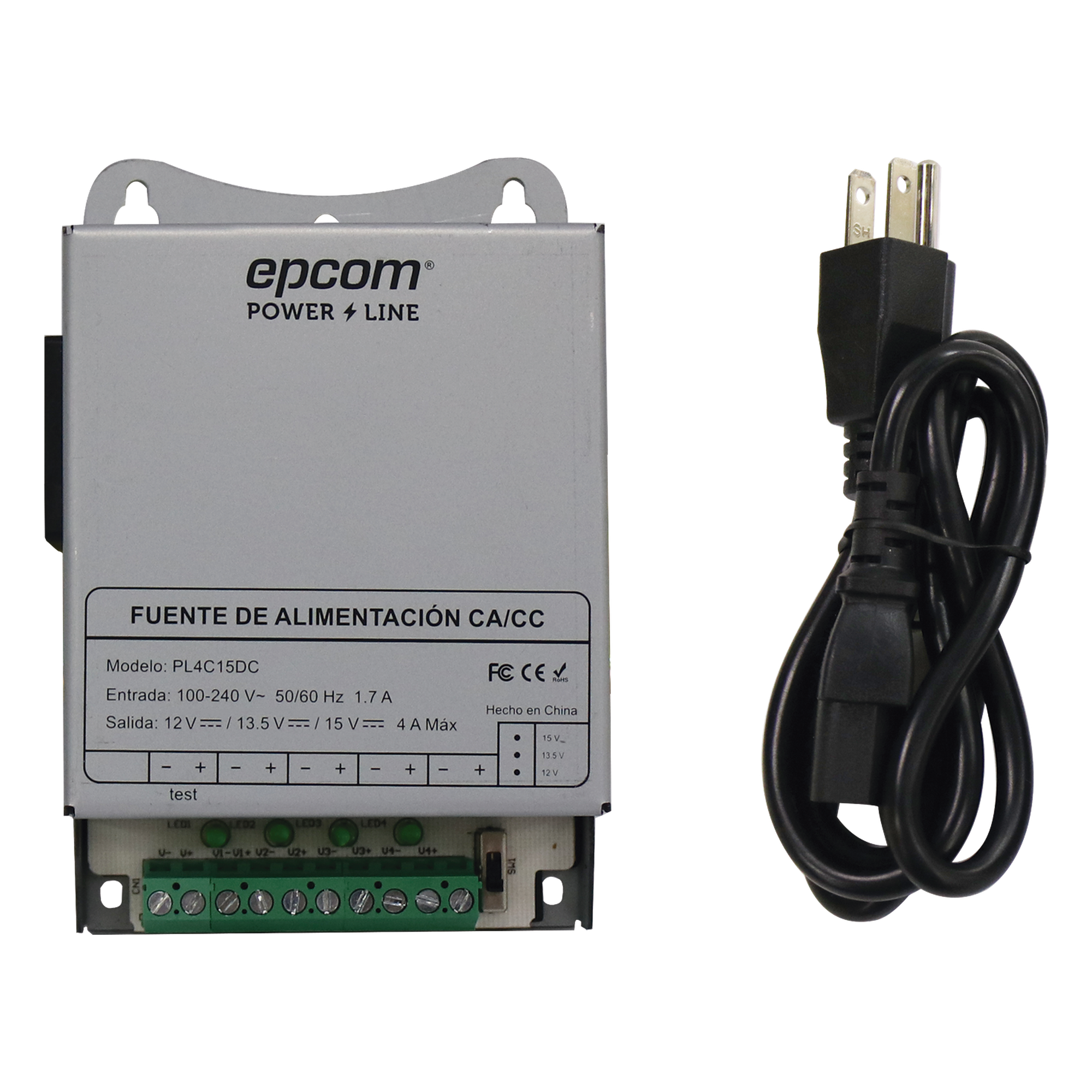 Fuente de Poder Metálica / 4 Canales / Voltaje Ajustable 12/13.5/15 Vcc / 4 A / 48 W / Montaje en Pared — EPCOM POWERLINE · SKU PL-4C-15DC