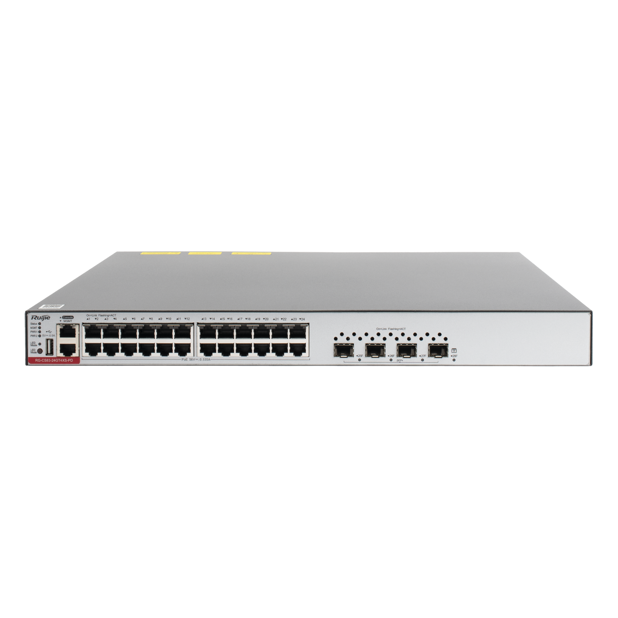 Switch L3 PoE+ / 24 Puertos Gigabit / 4 SFP+ 10G / 128 Gbps / 96 Mpps / 750W PoE / 1.45 x 1.38 x 0.14 ft — RUIJIE · SKU RG-CS83-24GT4XS-PD