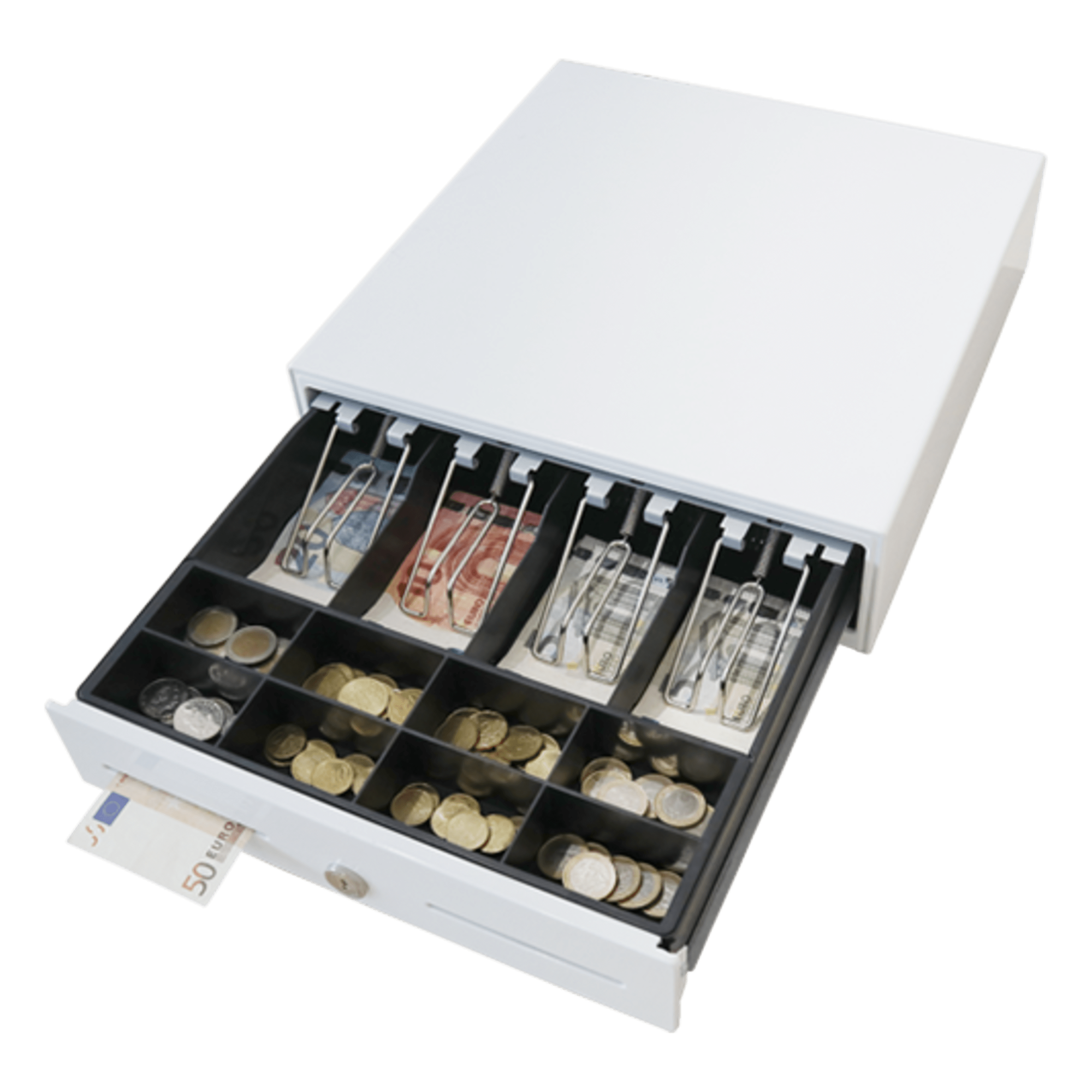 Cajón de Efectivo / Compacto 330 mm / 4 Billetes + 8 Monedas / Apertura RJ11 / Cerradura con Llave / Punto de Venta — MAKEN · SKU MK330
