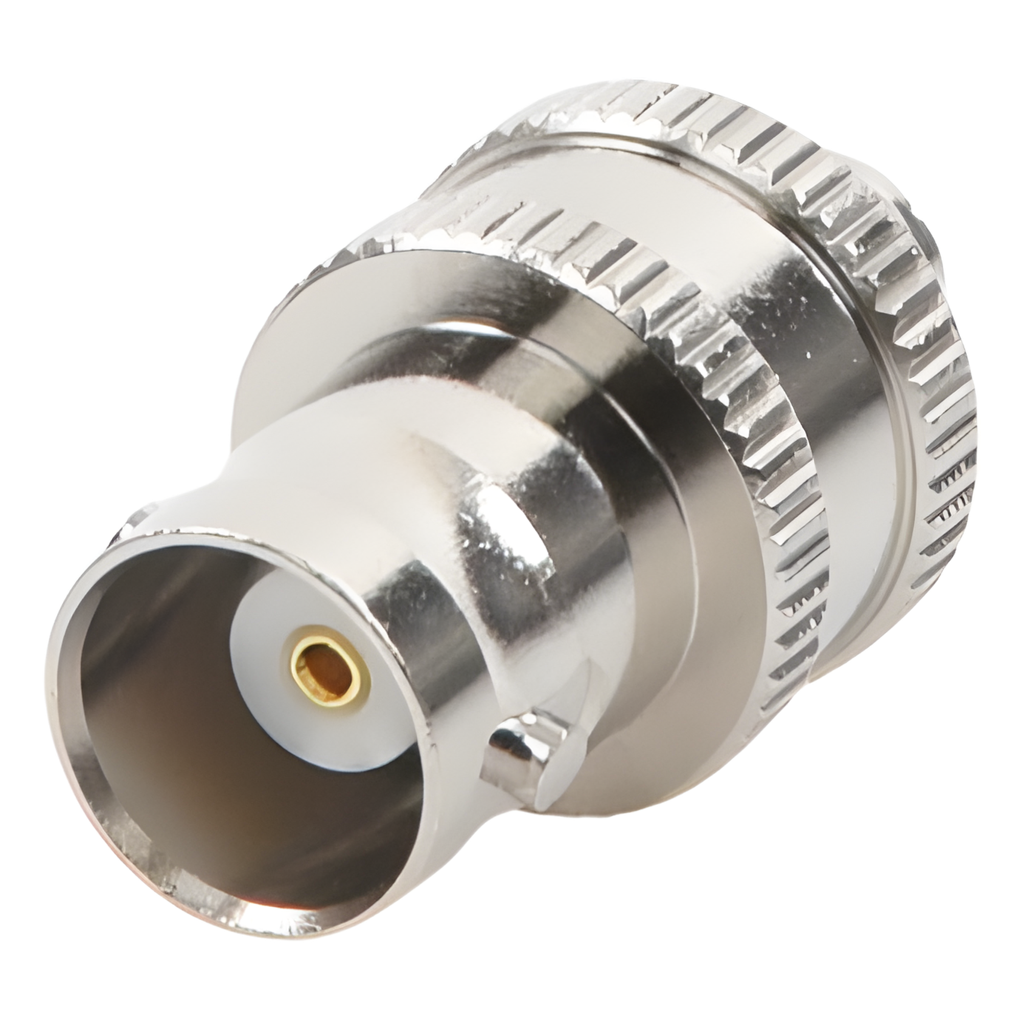 Adaptador RF Coaxial / BNC Hembra a SMA Hembra / Montaje en Línea / Cuerpo Niquelado / Contacto Oro / Aislante Teflón
