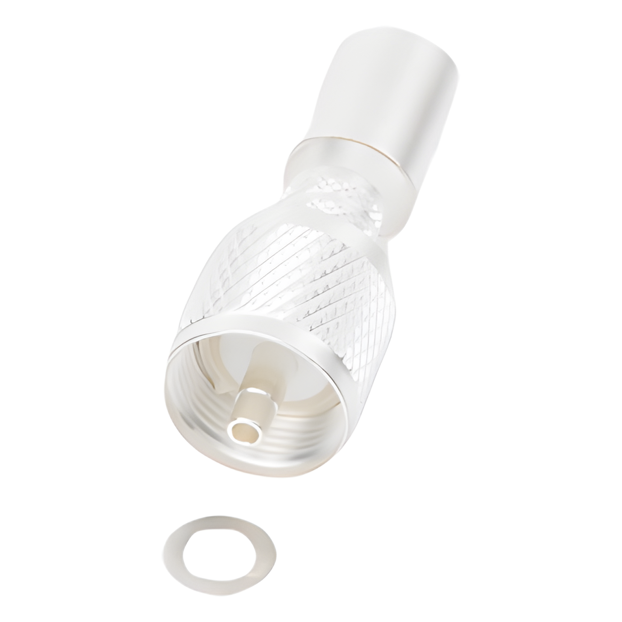 Conector UHF Macho / Anillo Plegable Largo / Cuerpo Bronce Plateado / Aislante Teflón / Cables RG-8/U, RG-214/U, Belden 8268