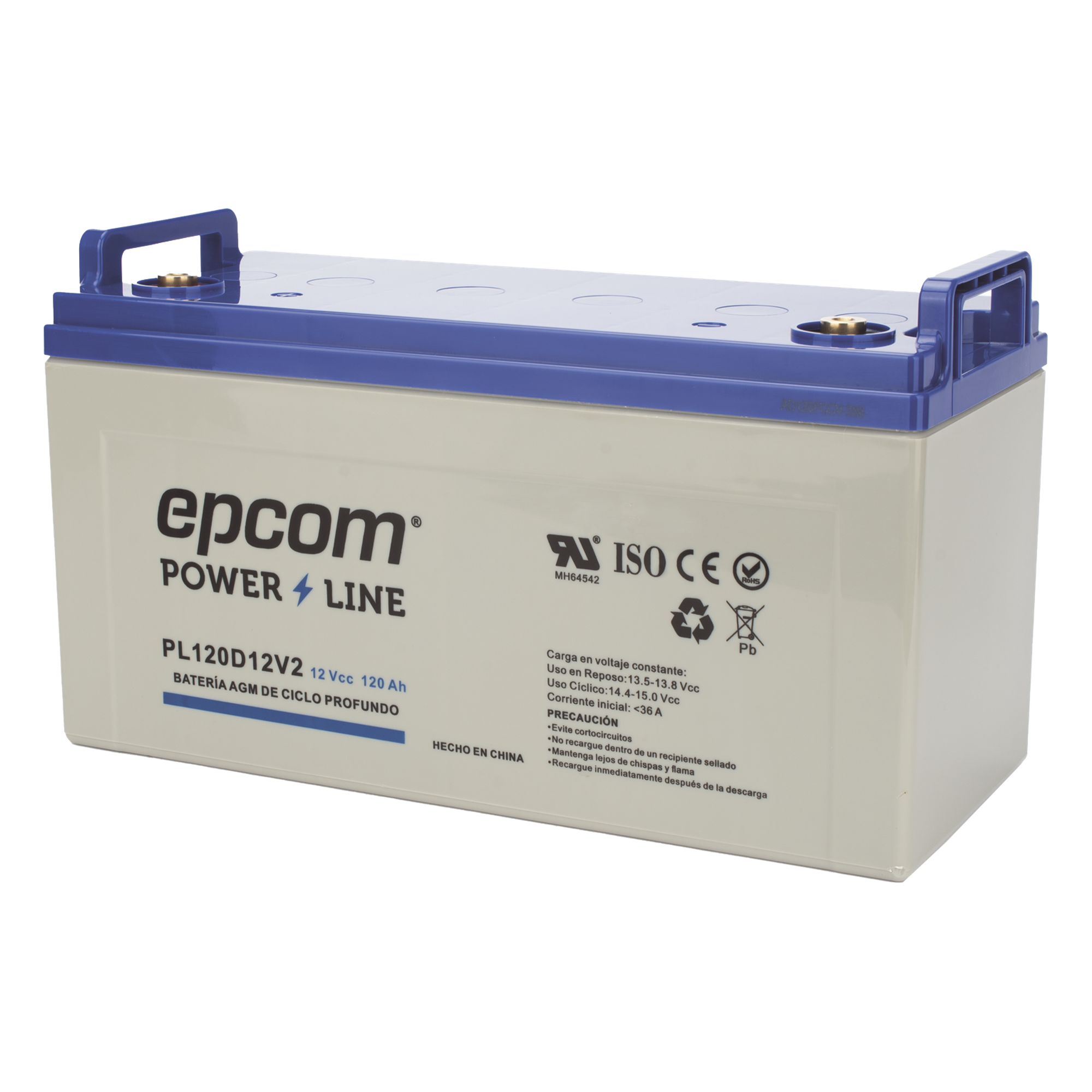 Batería AGM-VRLA Ciclo Profundo / 12 V / 120 Ah / Terminales M8 / Carcasa UL94-HB — EPCOM POWERLINE · SKU PL120D12V2