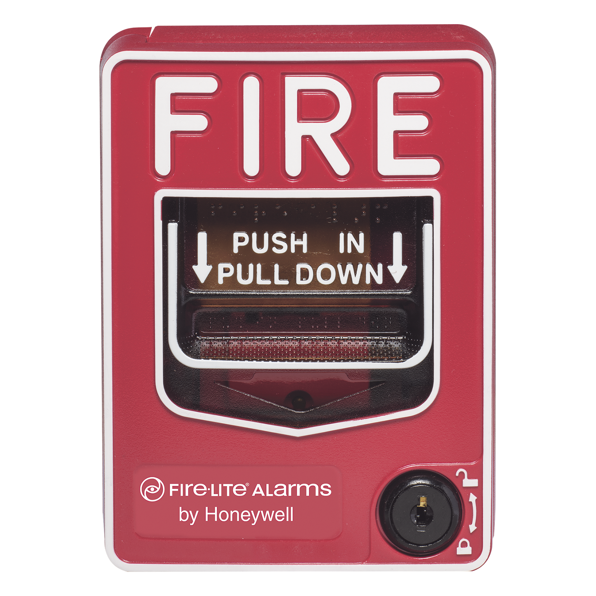 Estación Manual de Alarma Contra Incendio / Doble Acción / Uso Exterior / Cerradura de Llave / Contacto SPST 0.25 A / Policarbonato Rojo — FIRE-LITE · SKU BG-12LOB