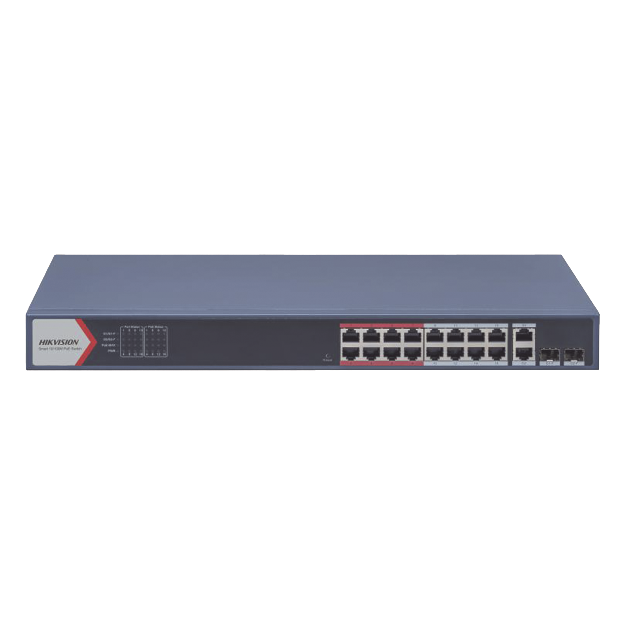 Switch PoE+ / 16 Puertos 10/100 Mbps / 2 Puertos Gigabit Uplink / 2 Puertos SFP / Alcance Extendido 300 m (984.2 ft) / 230 W / Gestión Cloud — HIKVISION · SKU DS-3E1318P-EI(B)
