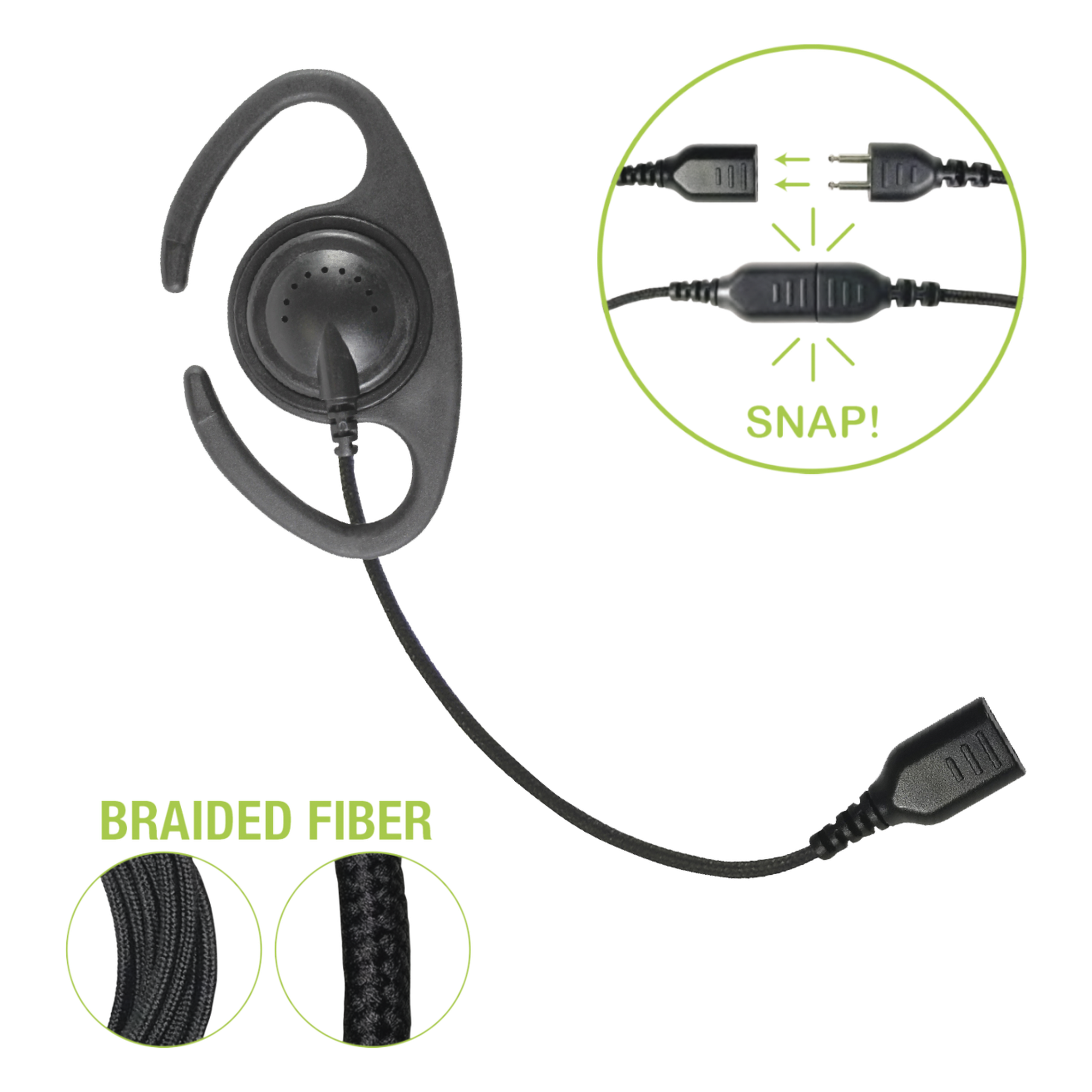 Auriculares de Gancho en C / Cable de Fibra Trenzada / Altavoz Giratorio / Conector SNAP / Compatible con Micrófono de Solapa 1 o 2 Hilos