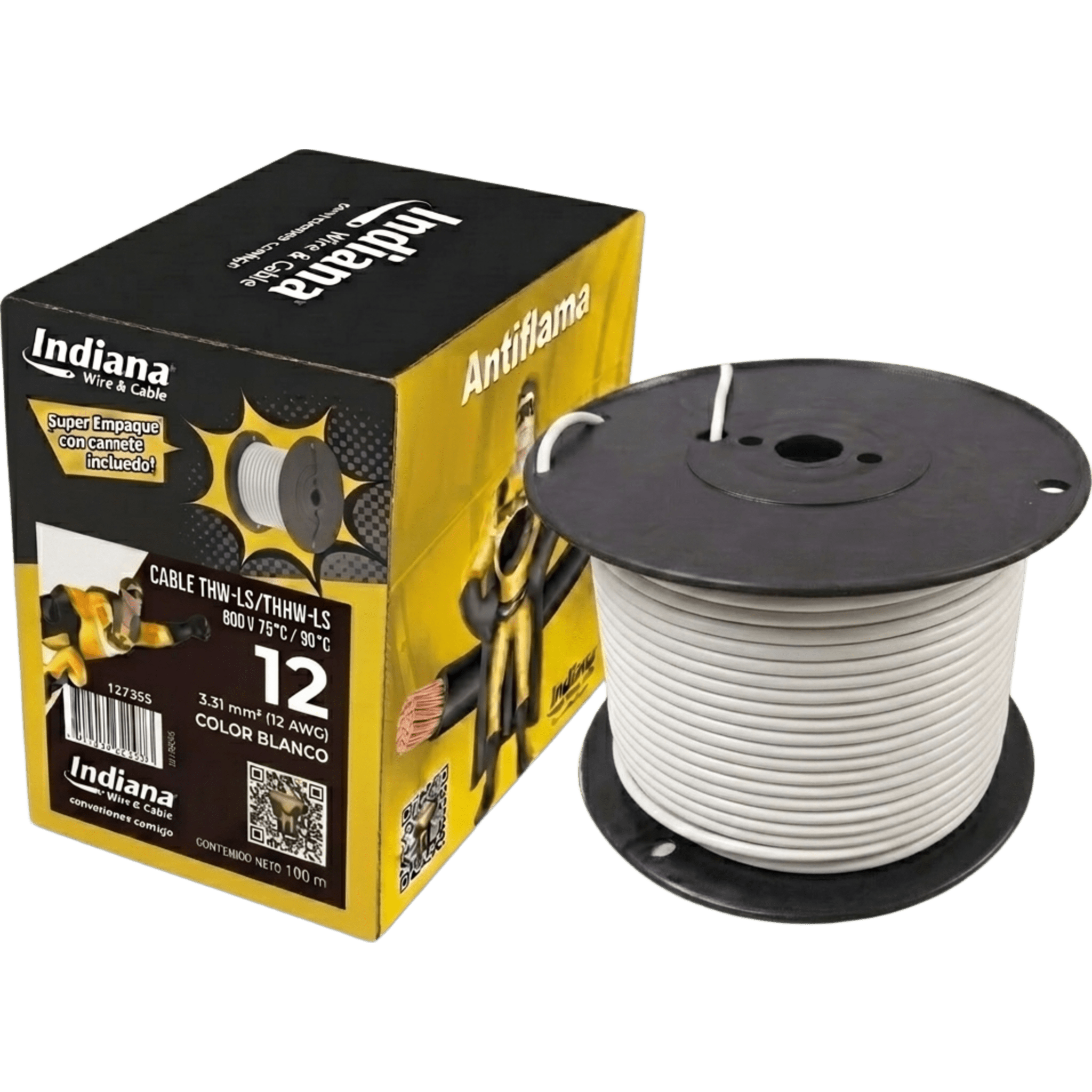 Cable THW-LS / 12 AWG / 19 Hilos / 100 m (328 ft) / Blanco / 90 °C Seco — INDIANA · SKU SLY-308-WHT/100