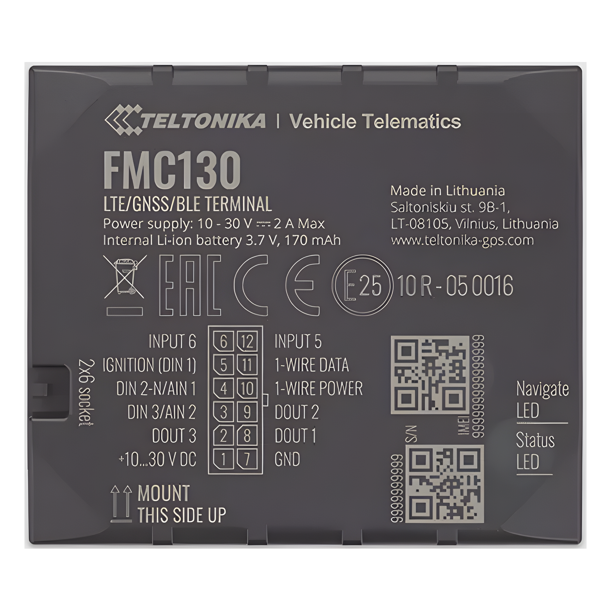 Rastreador Vehicular / 4G LTE CAT 1 / 2G / GNSS Multi-Constelación / Bluetooth 4.0 / 3 I/O Digitales / Batería 170 mAh / 10-30V DC — TELTONIKA · SKU FMC130