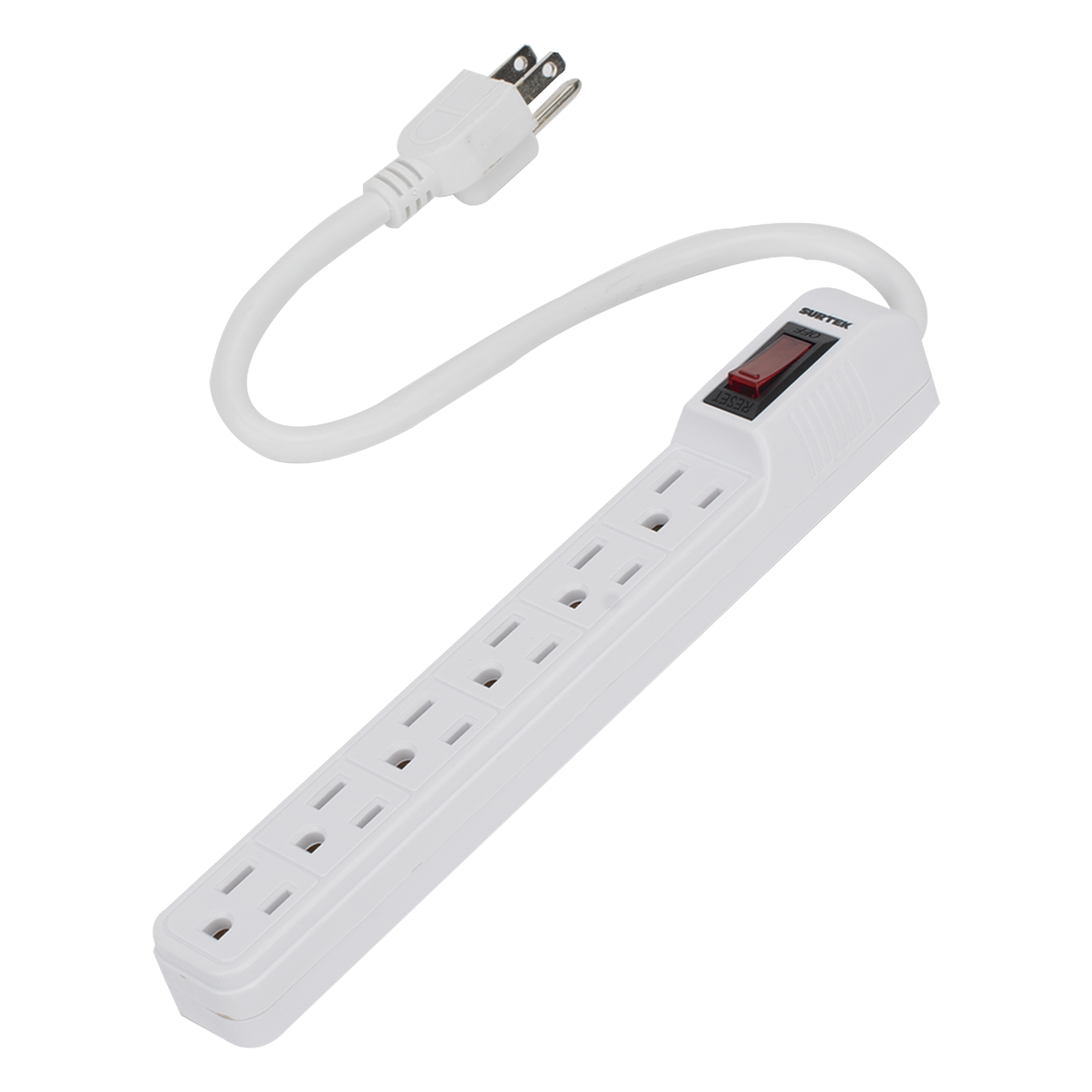 Multicontacto con Cable / 6 Tomas con Tierra / 15 A / Calibre 14 AWG / Cable 30 cm (11.8 in) / Interruptor Iluminado — SURTEK · SKU SYS-136201