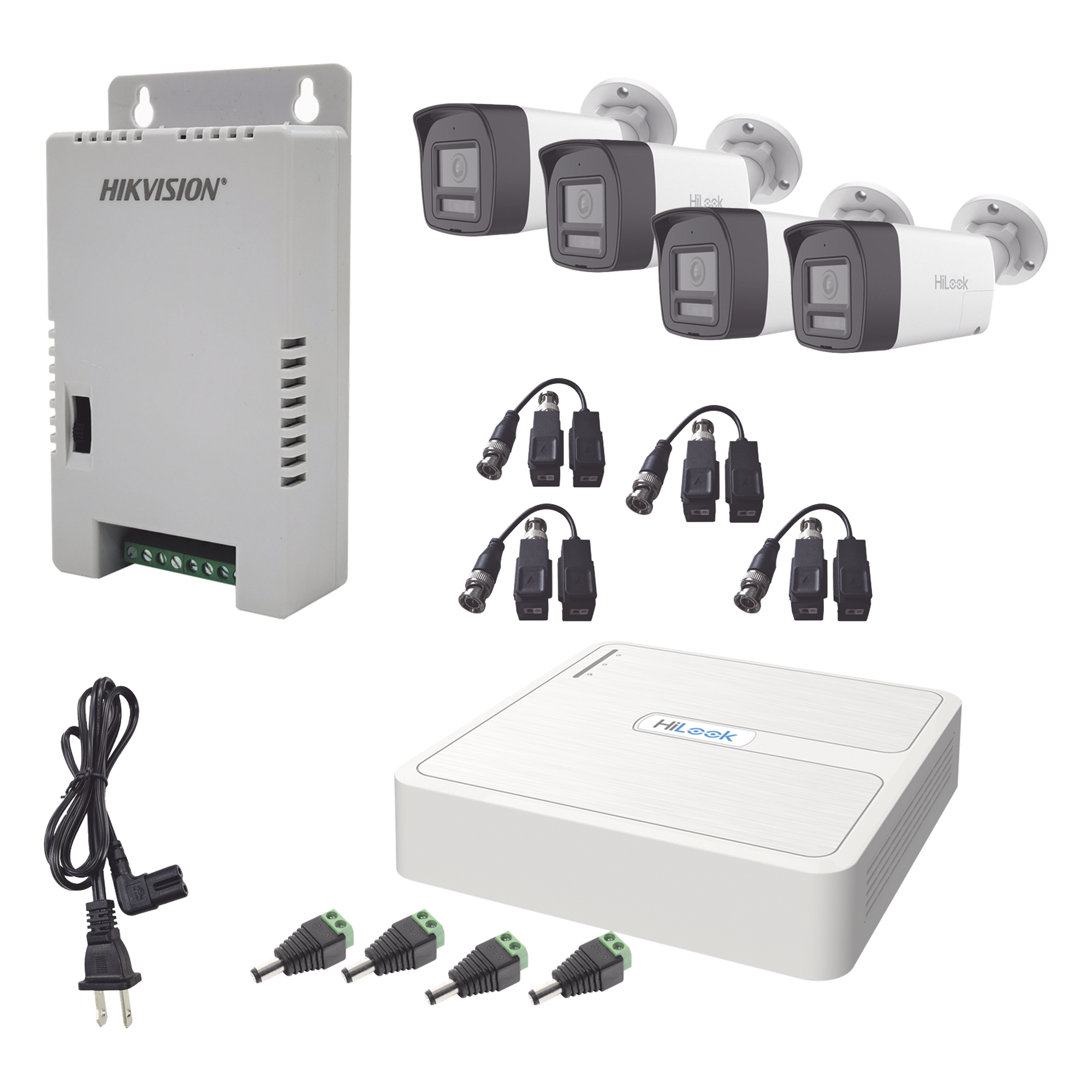 Kit de Videovigilancia TurboHD / DVR 4 Canales + 1 IP / 4 Cámaras Bala 2 Megapixel / Audio Bidireccional / Dual Light IR 30 m (98.4 ft) + Luz Blanca 20 m (65.6 ft) / IP67 / Fuente Regulada 12-15 VCC — HiLook by HIKVISION · SKU HL-1080P-4B-TWA