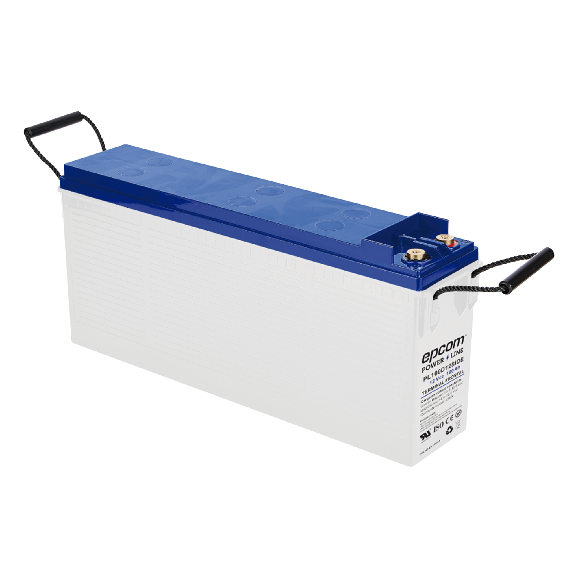 Batería AGM-VRLA de Ciclo Profundo / 12 Vcc / 100 Ah (10 h) / Terminal M8 / Ignífuga UL94-V0 / 1620 A Cortocircuito — EPCOM POWERLINE · SKU PL100D12SIDE
