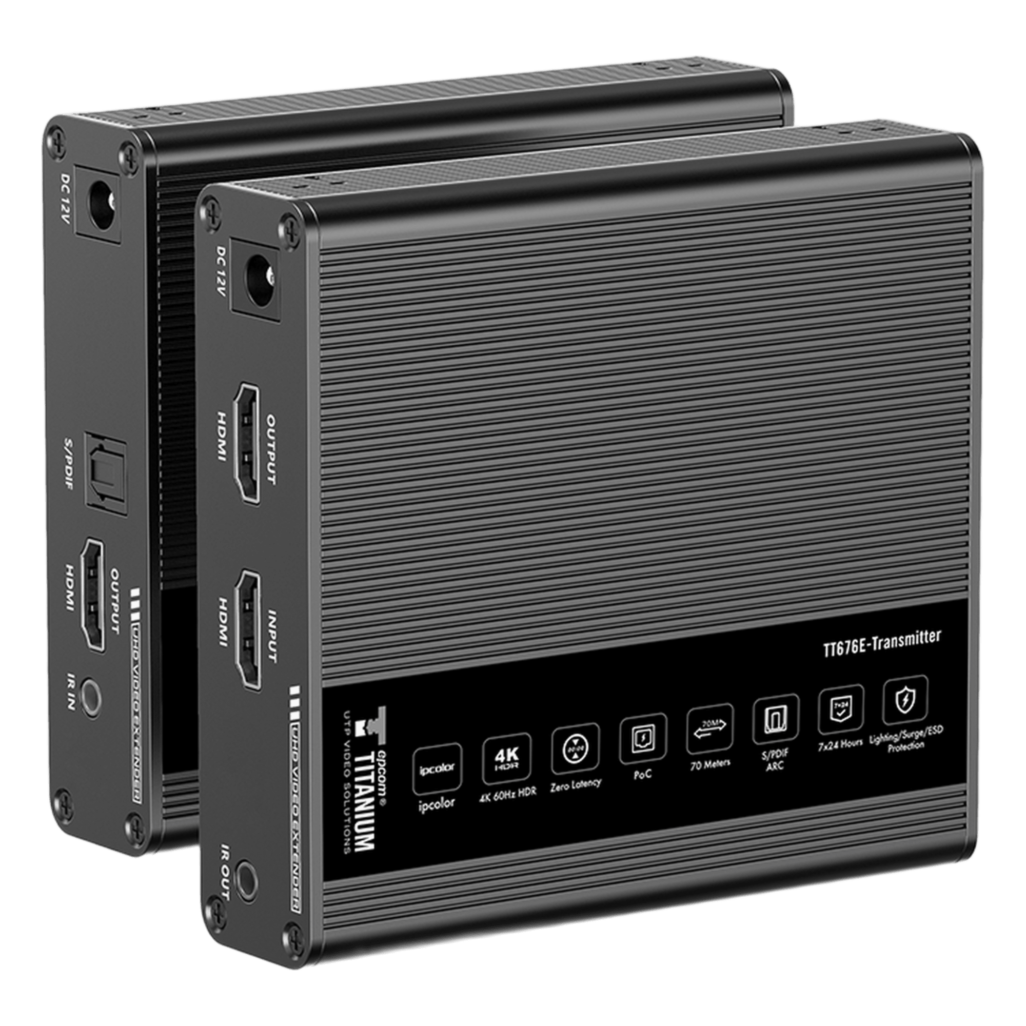 Extensor HDMI / 4K@60Hz / Sin Compresión / Cero Latencia / 70 m (229.7 ft) / Cat 6/6a/7 / PoC / IR Bidireccional / HDR10 — EPCOM TITANIUM · SKU TT-676E