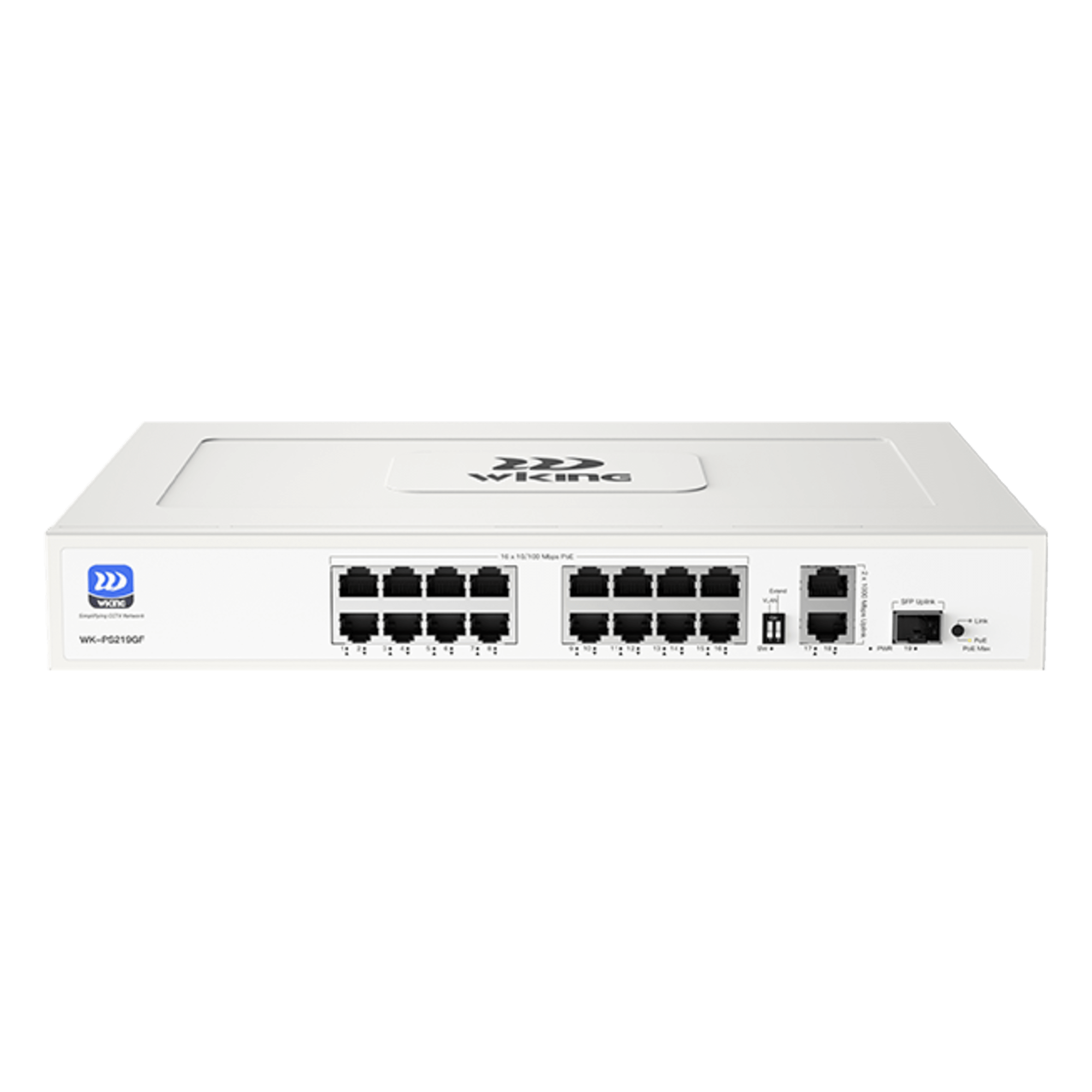 Switch PoE No Administrable / 16 Puertos 10/100 Mbps / 2 Puertos Uplink Gigabit / 1 Ranura SFP 1000 Mbps / Presupuesto PoE 180 W / Hi-PoE 60 W — WI-TEK · SKU WK-PS219GF