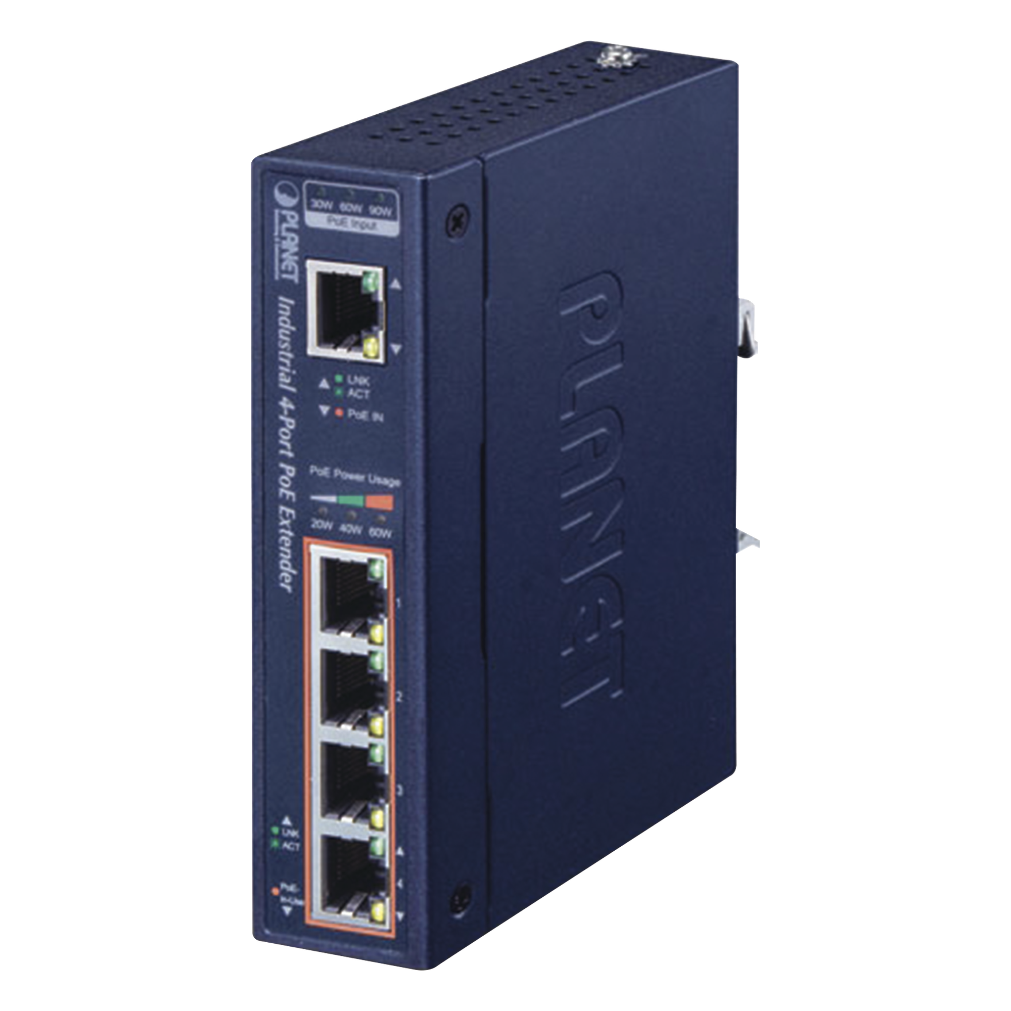Extensor PoE Industrial / Entrada 802.3bt / 4 Salidas Gigabit 802.3af/at / Alcance 200 m (656 ft) / 95 W por Puerto — PLANET · SKU IPOE-E174