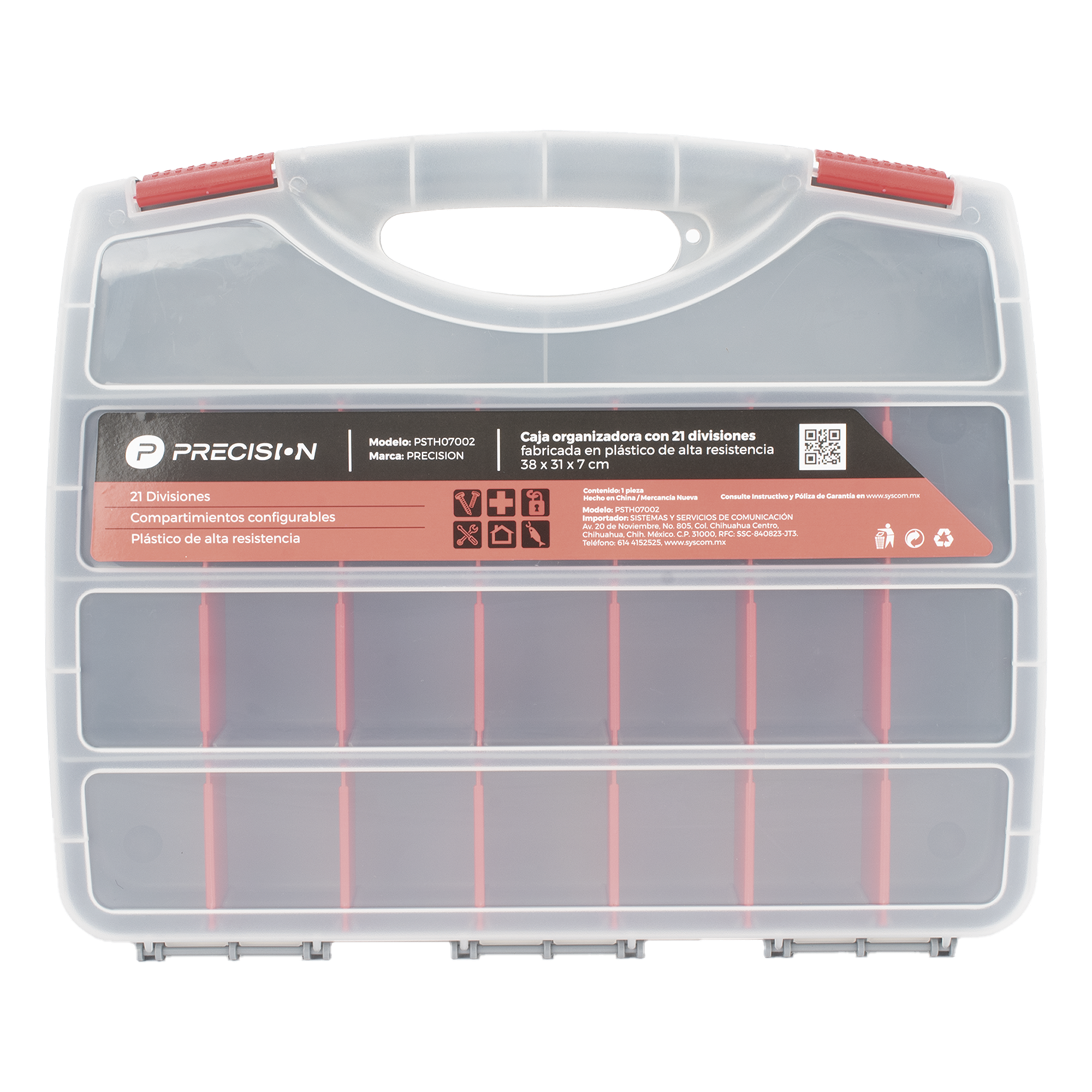 Caja Organizadora / 21 Divisiones Configurables / 38 x 31 x 7 cm (14.96 x 12.2 x 2.76 in) / Plástico de Alta Resistencia — PRECISION · SKU PST-H07-002