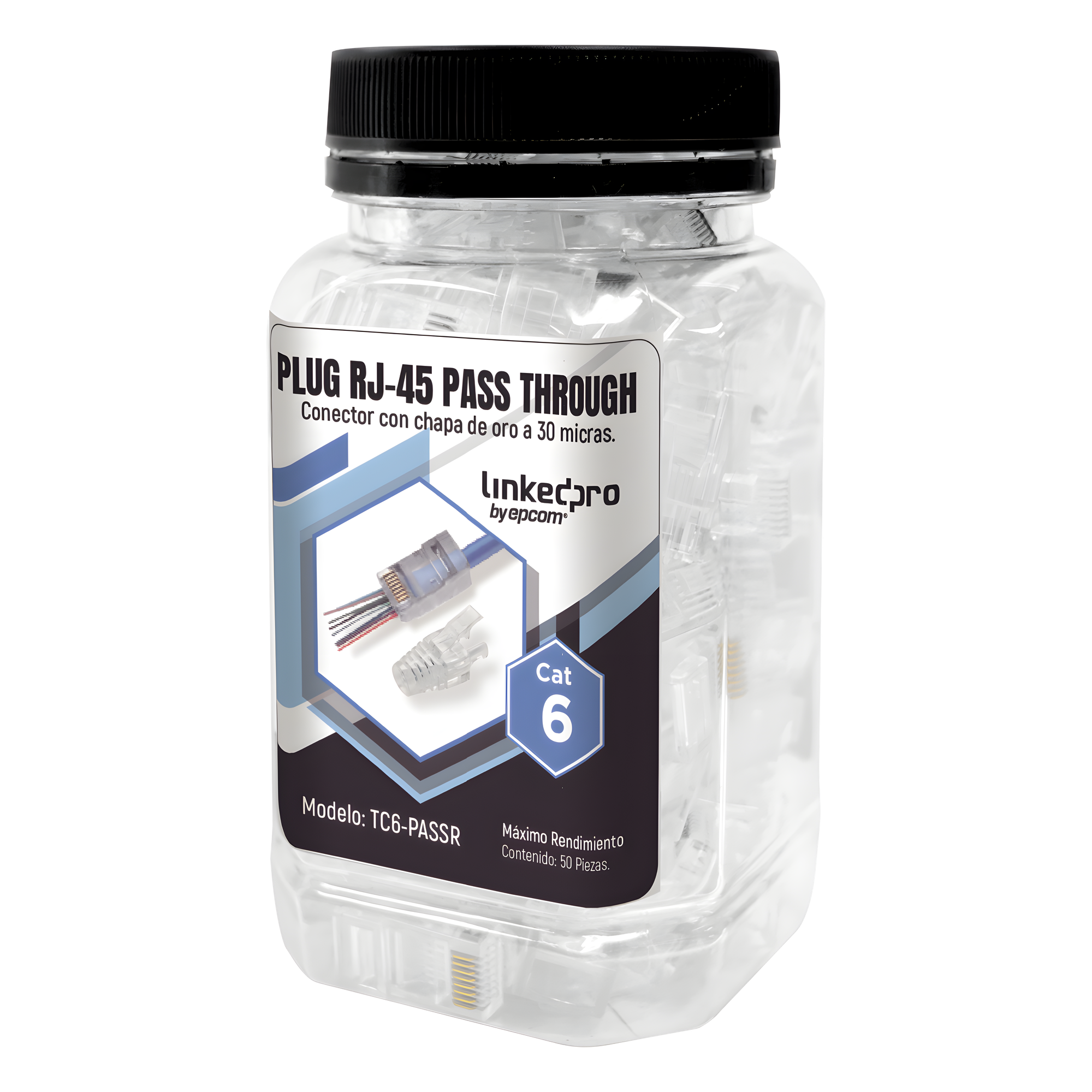 Plugs Pass Through / RJ45 Cat6 / Sin Blindaje / Alivio de Tensión / Chapado Oro 30 Micras / 50 Piezas — LINKEDPRO BY EPCOM · SKU TC6-PASSR