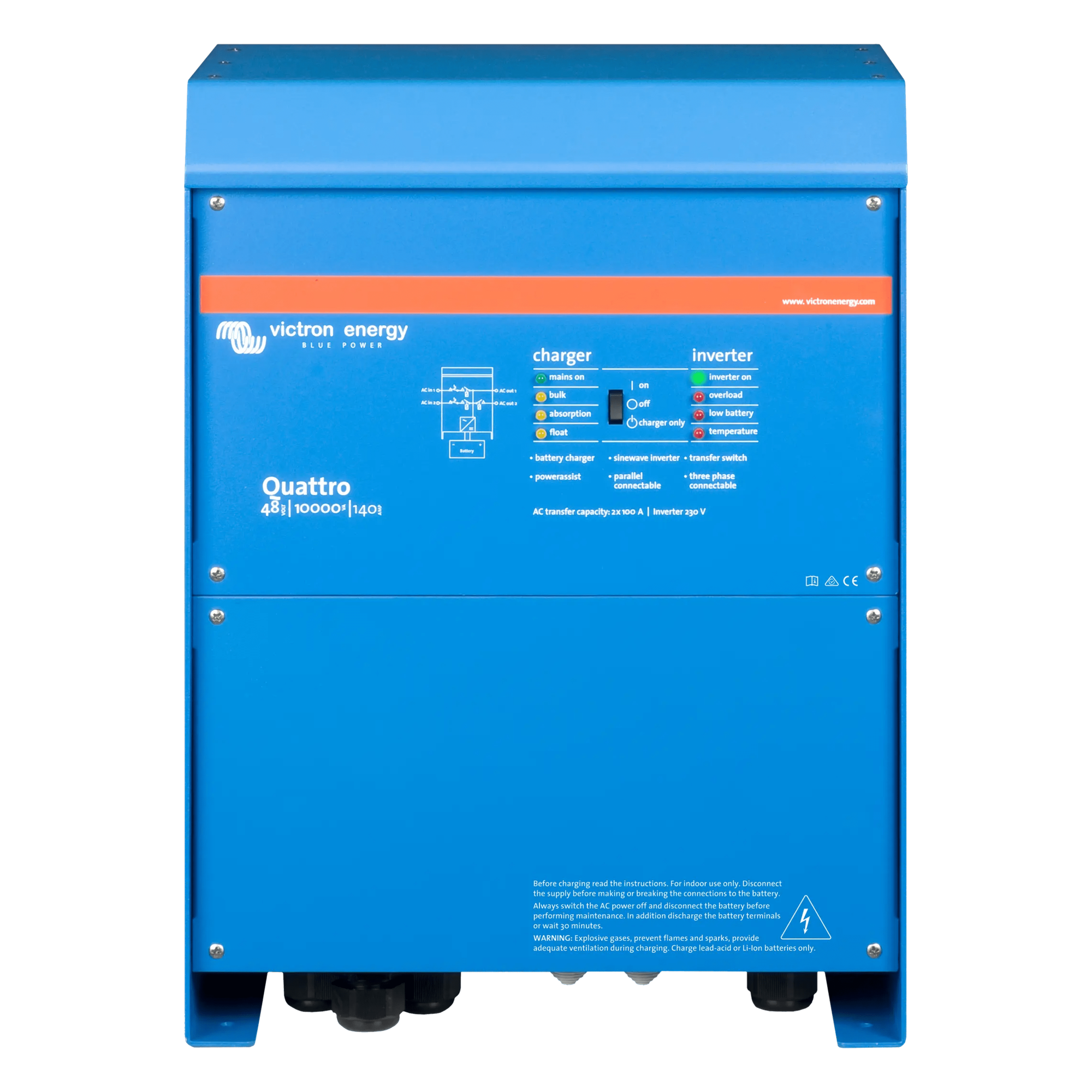 Inversor Cargador de Onda Pura / Entrada 48 Vcc / Salida 8000 W 230 Vca 60 Hz / Conmutación 20 ms / PowerAssist Híbrida / Dos Entradas CA / 10 kVA — VICTRON ENERGY · SKU QT48/10000/230V