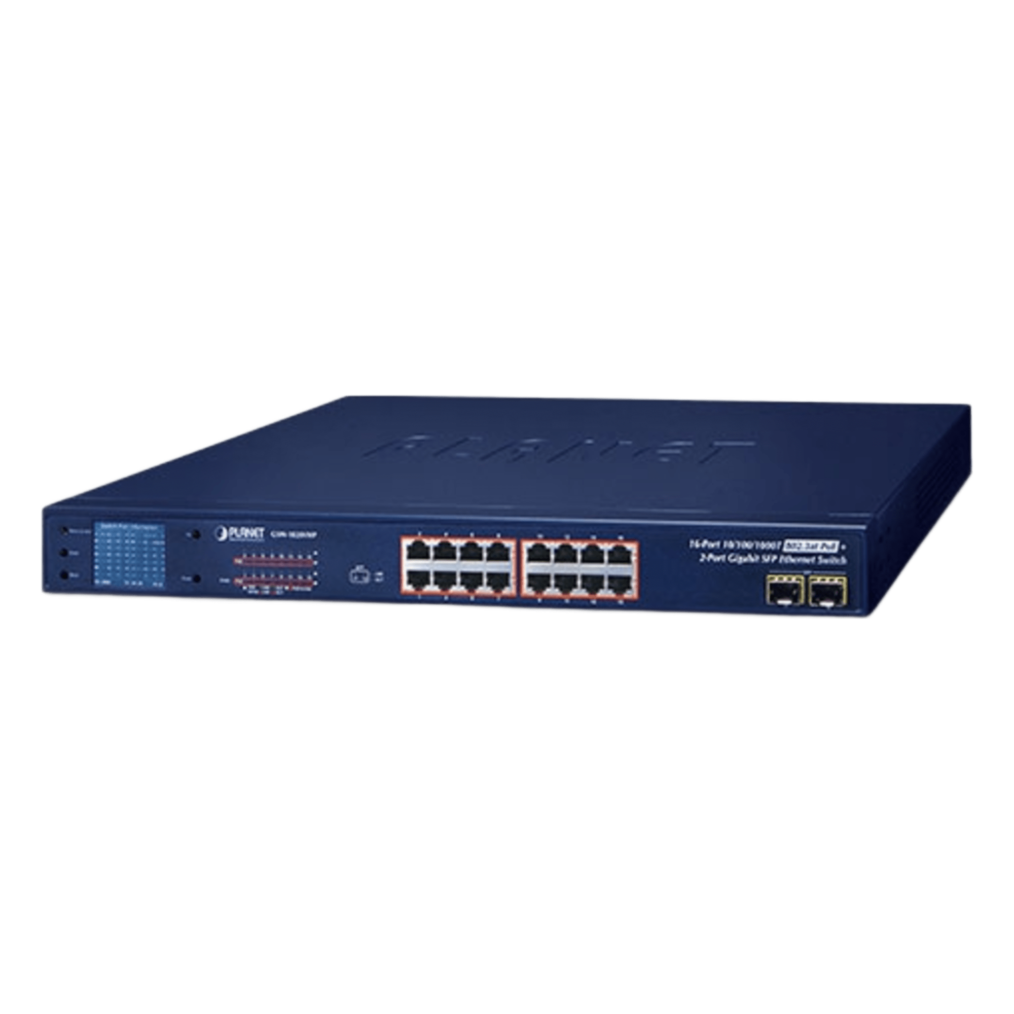 Switch PoE+ / 16 Puertos Gigabit / 2 Combo SFP / LCD / 300W / 1U Rack / 0.76 x 1.44 x 0.14 ft — PLANET · SKU GSW-1820VHP