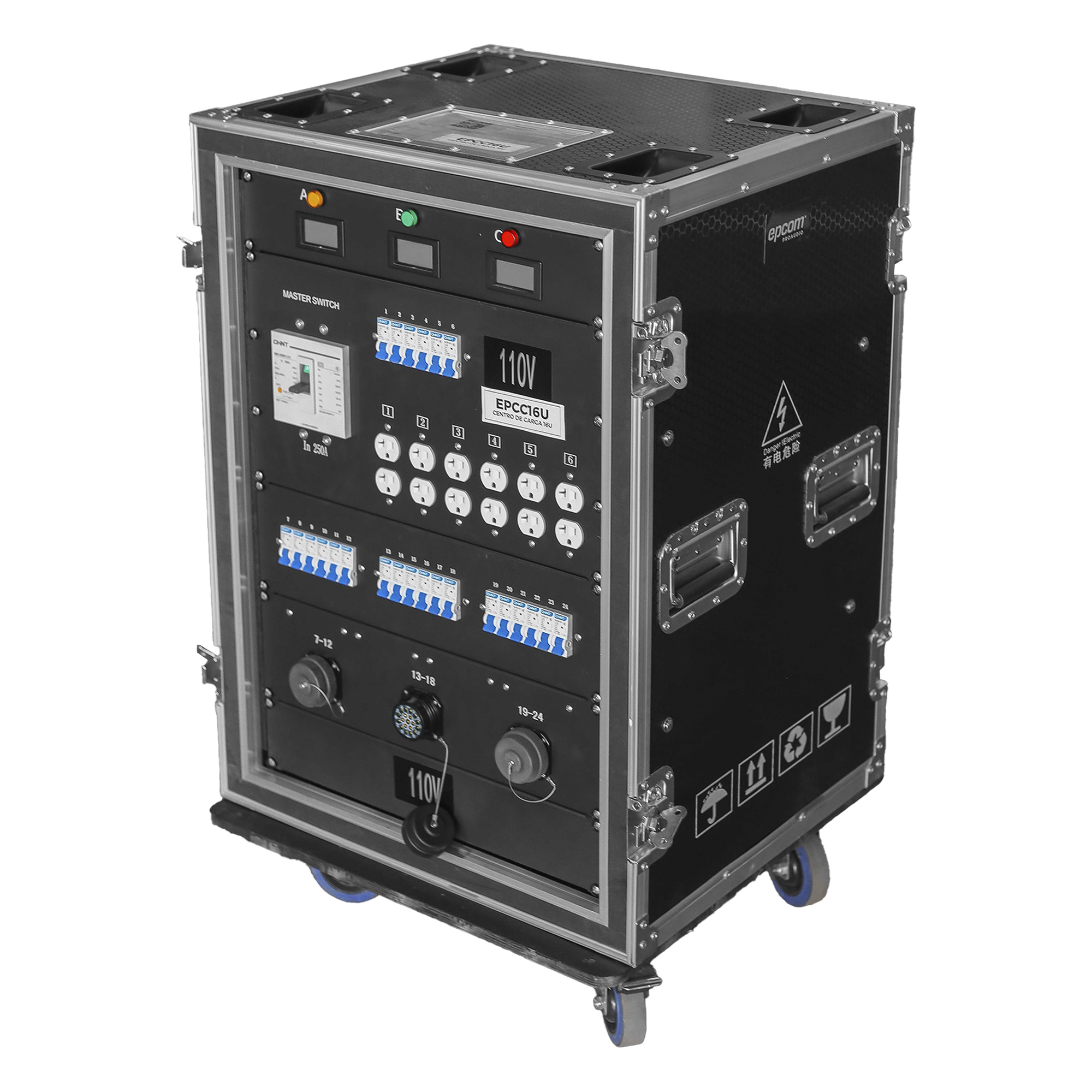 Centro de Carga Móvil / Rack 16U / Conectores Socapex 19 Pines / 18 Canales 110V / 48 Canales 220V / MCB 20A y 40A — EPCOM PROAUDIO · SKU EP-CC-16U