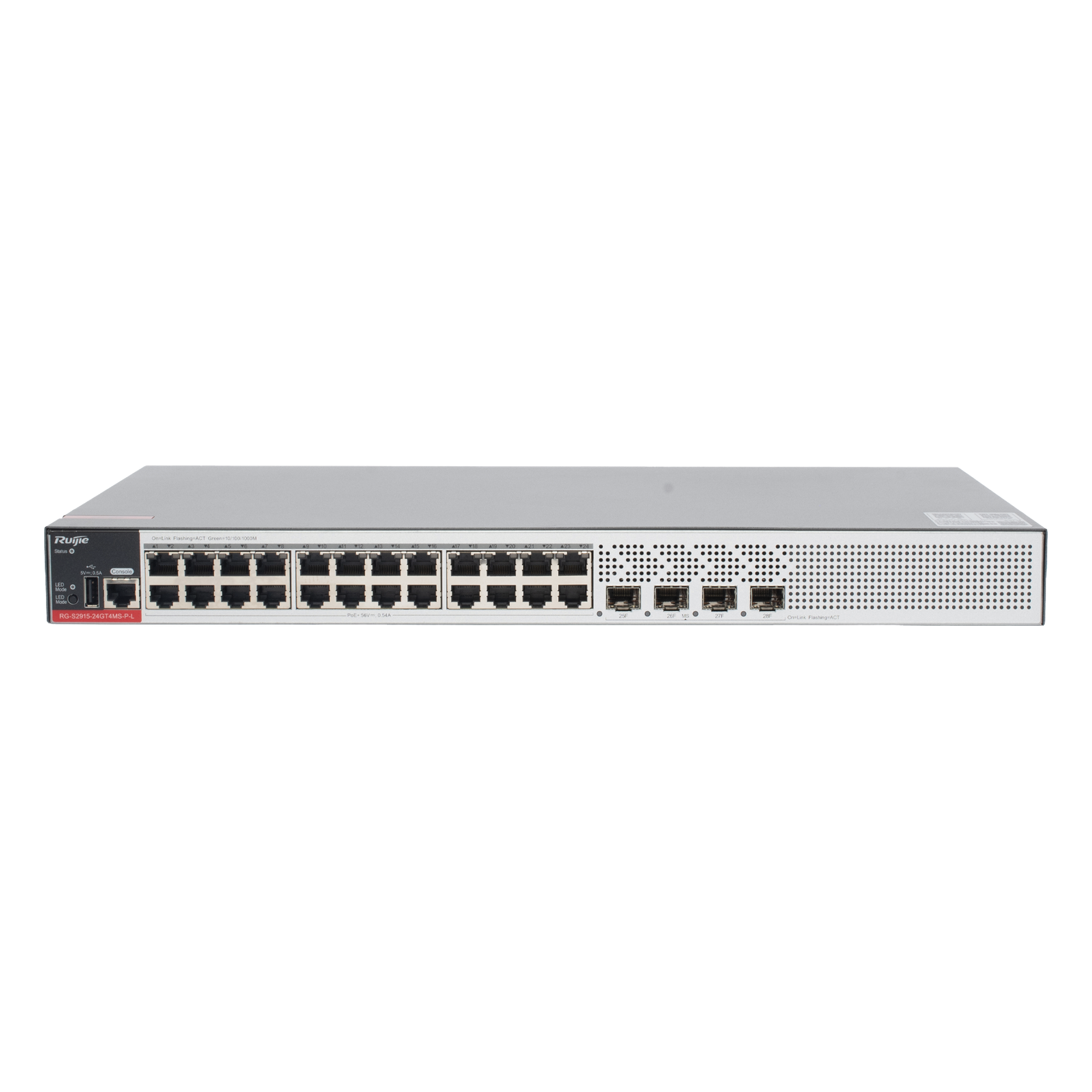 Switch PoE+ / 24 Puertos Gigabit / 4 Uplink SFP 2.5G / 370W PoE / 68 Gbps / 10 kV Surge / 1.72 in — RUIJIE · SKU RG-S2915-24GT4MS-P-L