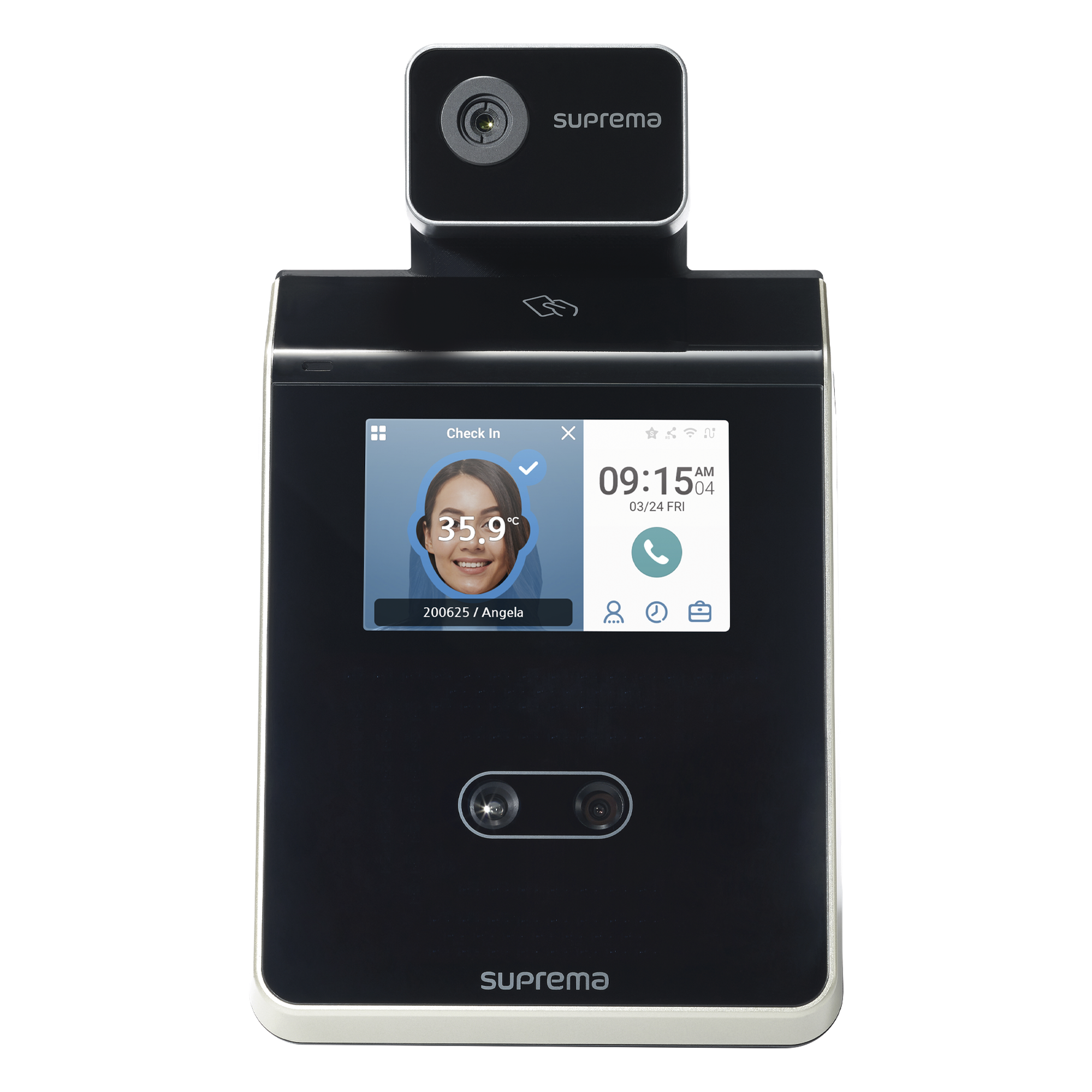 Terminal de Control de Acceso Facial / Detección de Temperatura / 30,000 Usuarios / Pantalla Táctil 4" / TCP/IP y RS-485 / Bluetooth y RFID Multitecnología — SUPREMA · SKU FS2AWBTCM10LA