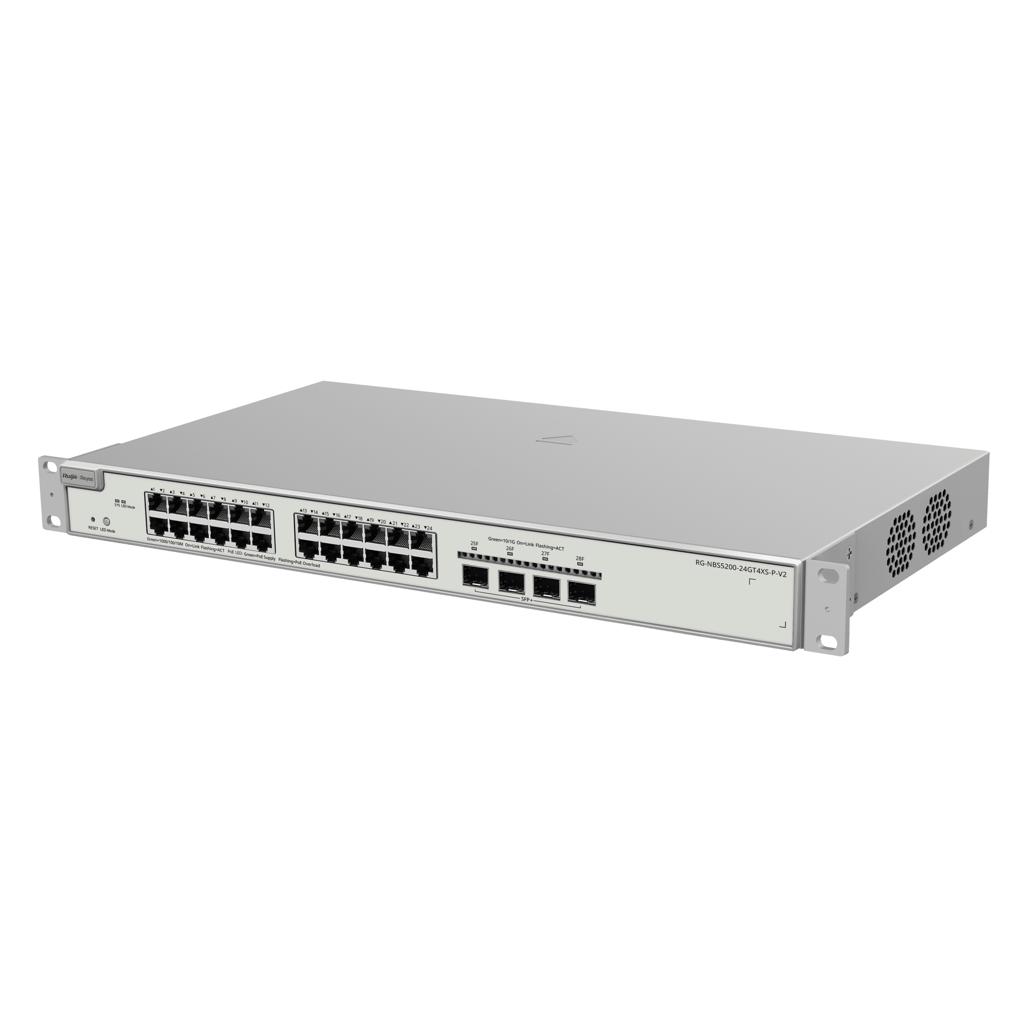 Switch Administrable PoE+ / 24 Puertos Gigabit / 4 SFP+ 10 Gb / Capacidad 128 Gbps / 370 W PoE / Gestión Cloud — RUIJIE · SKU RG-NBS3200-24GT4XS-P-V2