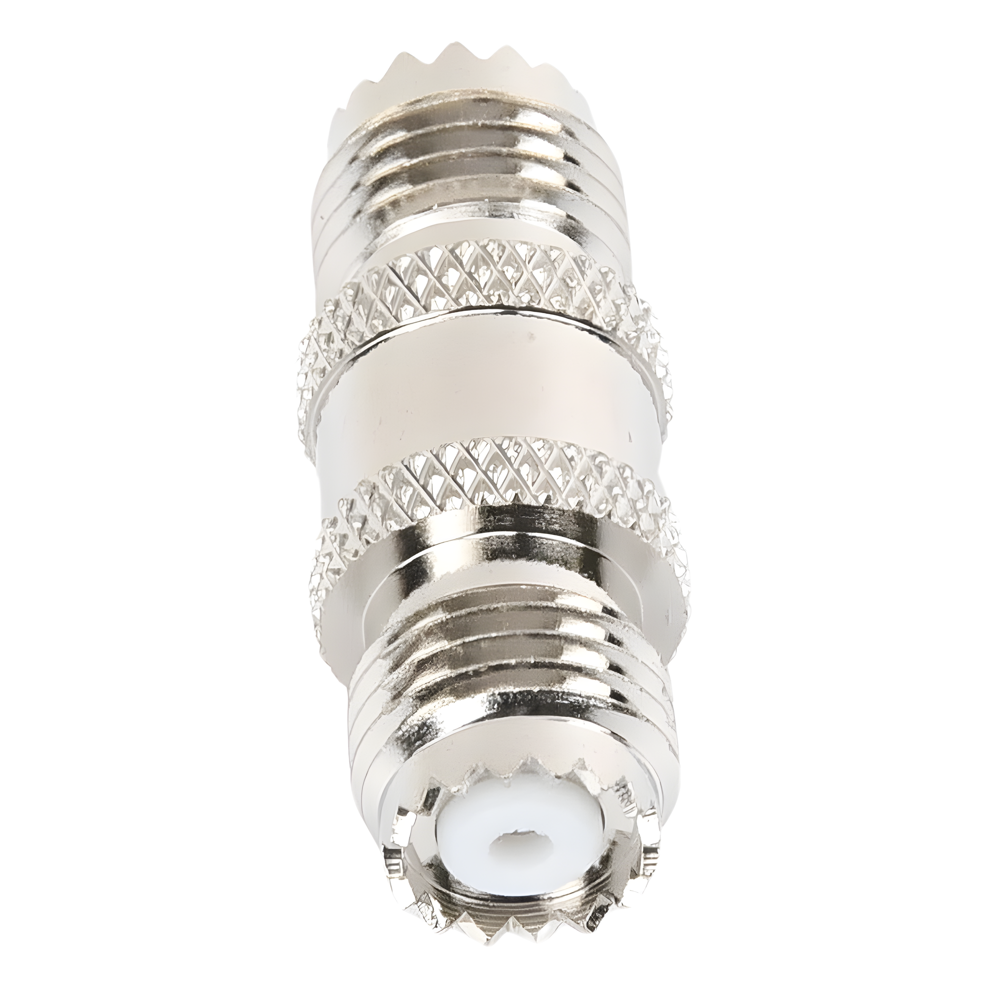 Adaptador Barril RF / Mini-UHF Hembra a Mini-UHF Hembra / Montaje en Línea / Cuerpo Bronce Niquelado / Contacto Oro / Aislante Teflón