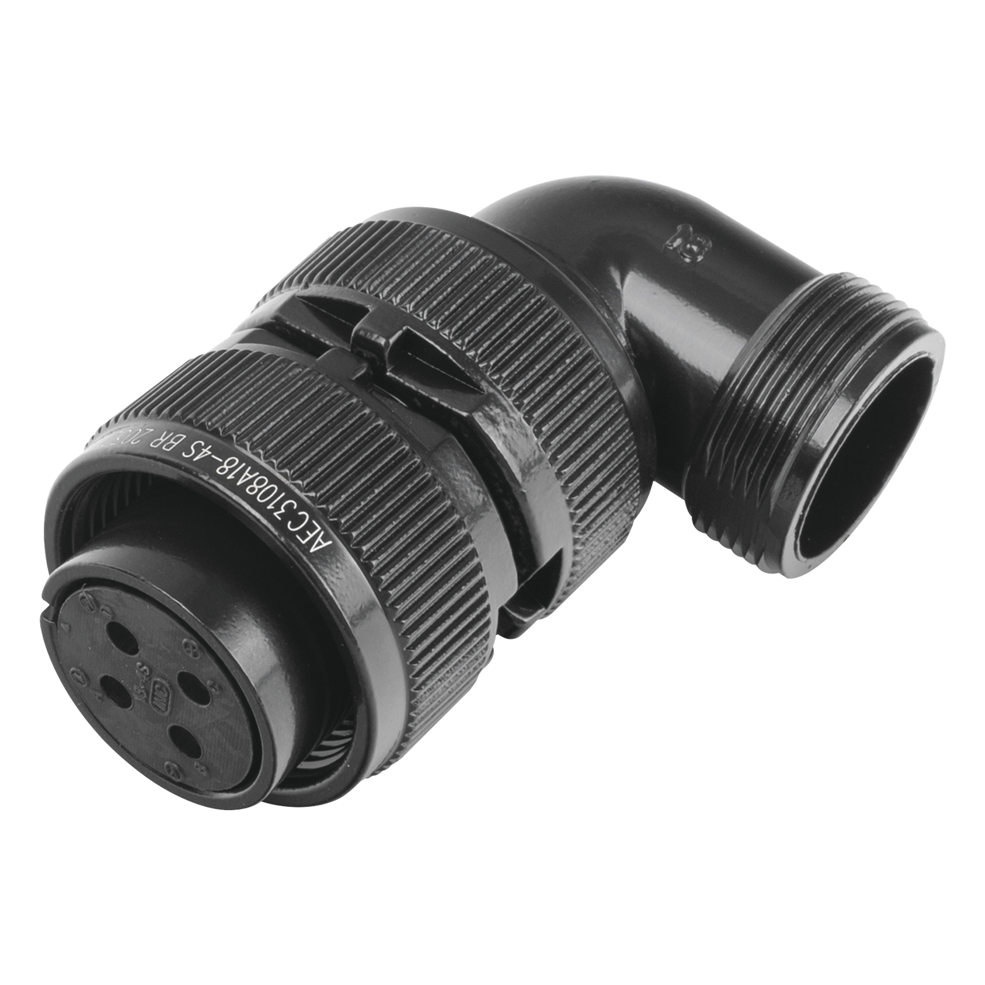 Conector Hembra en Ángulo Recto / 4 Contactos / Terminales Soldables / AWG 14-12 / Cuerpo Plateado Negro / Aislante Delrin / 90° — EPCOM INDUSTRIAL · SKU E/MS3108A18-4S