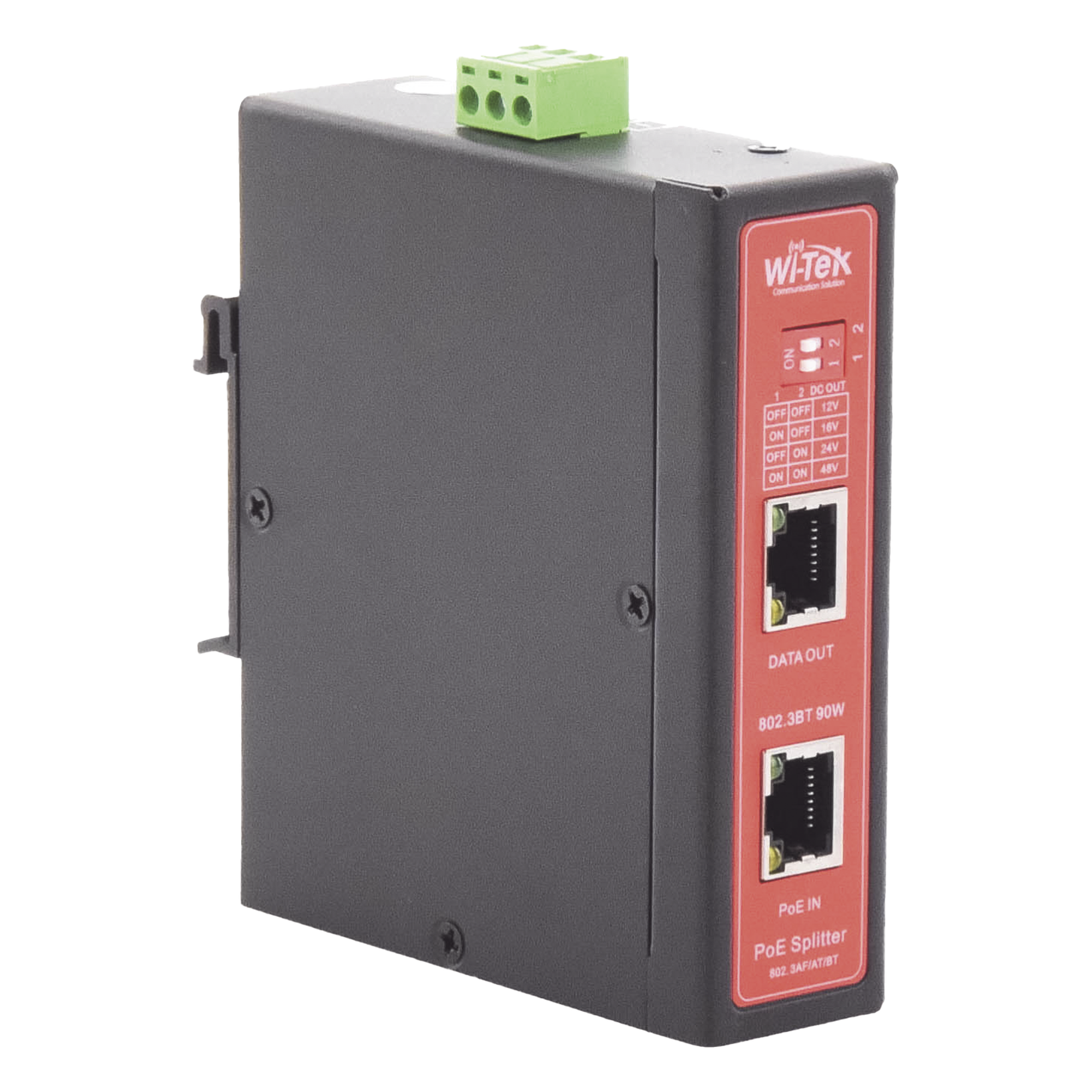 Splitter PoE Industrial / Entrada 90 W 802.3bt / Salida DC Seleccionable 12V/16V/24V/48V / 2 Puertos Gigabit / Protección 6 kV / Riel DIN