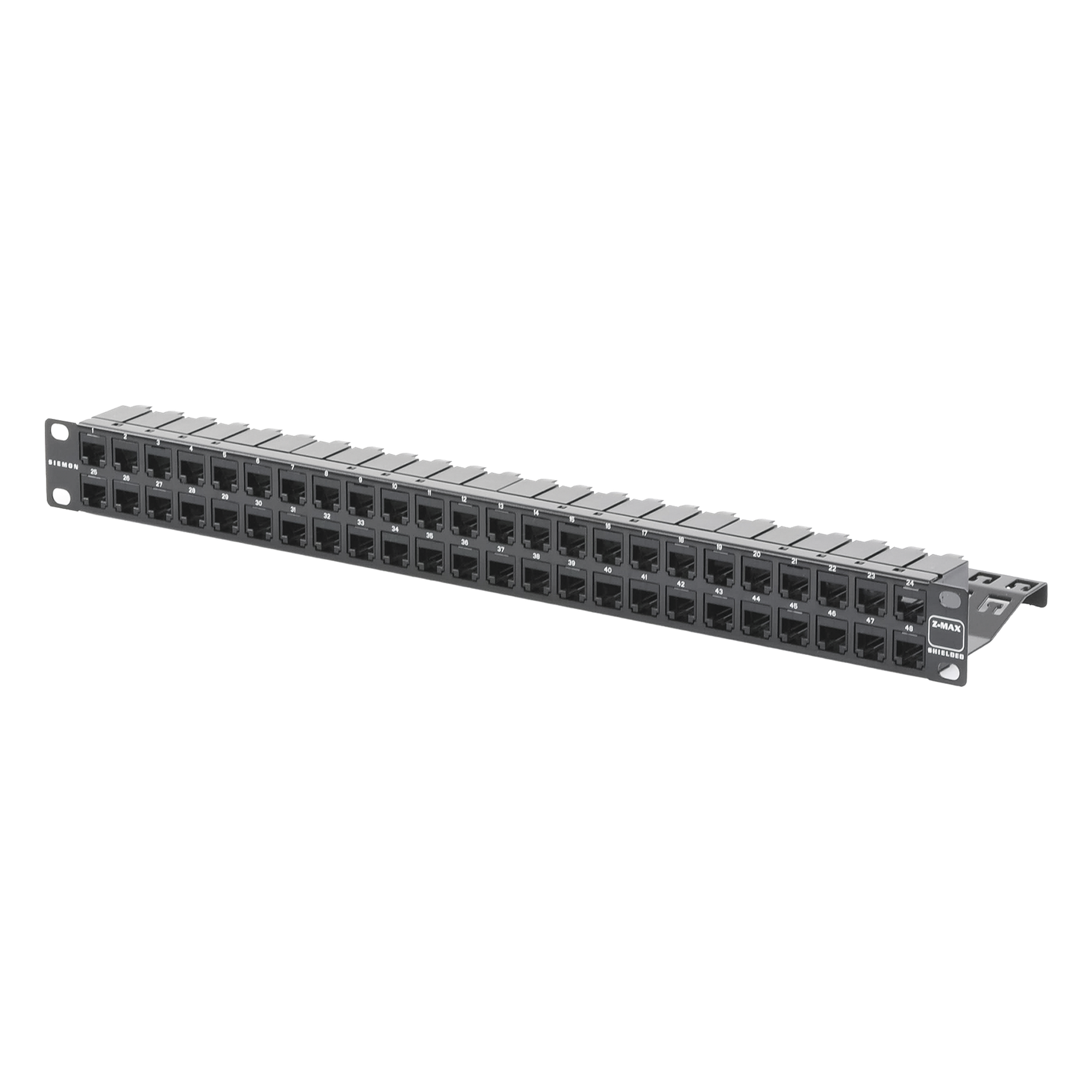 Patch Panel / 48 Puertos / Cat 6A Blindado / Plano / 1UR / Acero 18 Gauge — SIEMON · SKU Z6AS-PNL-U48K