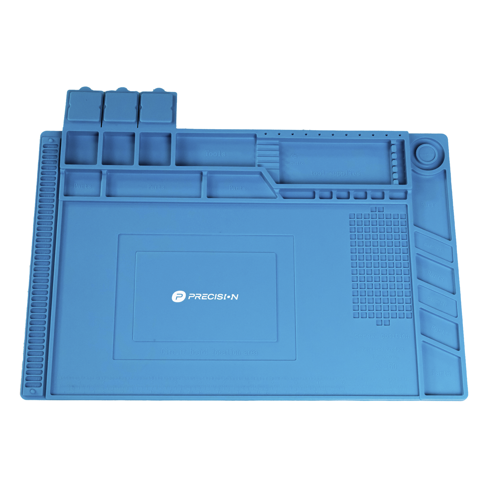 Tapete de Silicona para Reparación Electrónica / 45 x 30 cm (17.7 x 11.8 in) / Resistente al Calor 200°C / Áreas Magnéticas / Compartimentos Numerados