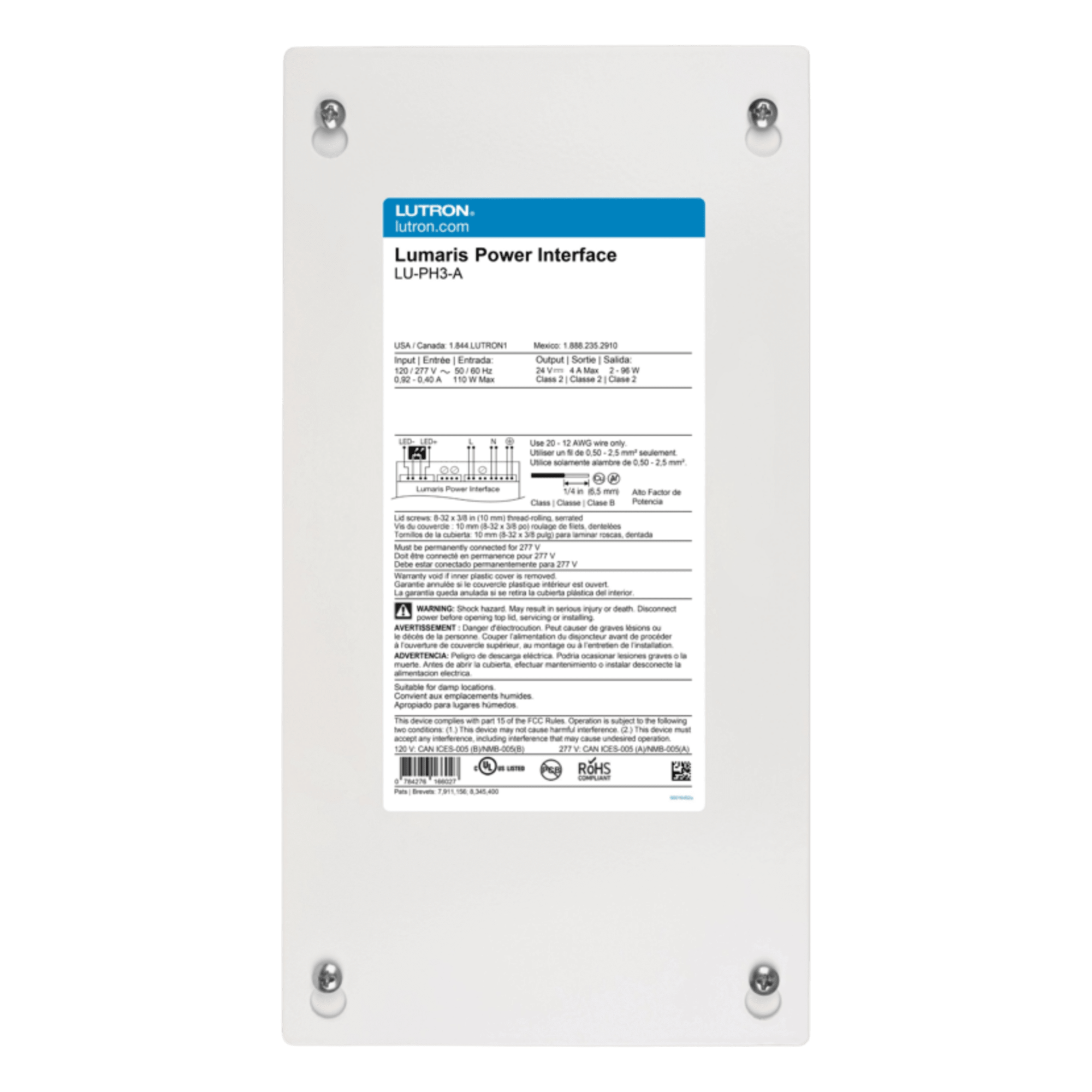 Interfaz de Alimentación LED / 120-277 V a 24 V / Hasta 3 Controladores Inalámbricos / 15 m (49.2 ft) de Tira LED / RadioRA 3 — LUTRON RADIORA 3 · SKU LUPH3A