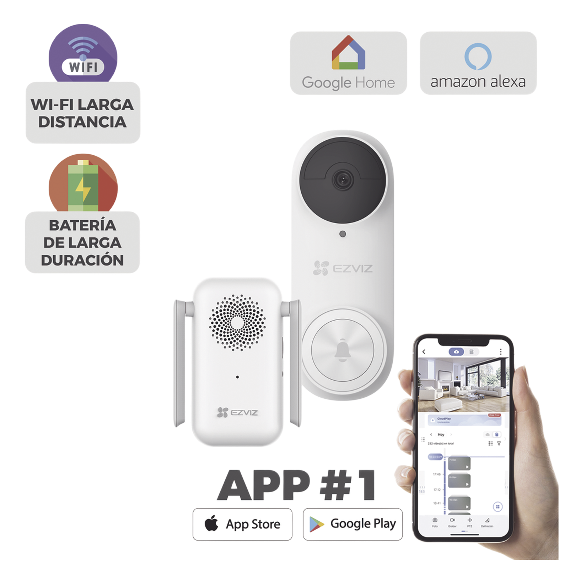 Videoportero Wi-Fi / 3 Megapixel / Ángulo 176° / Batería 5200 mAh / IP65 / Detección PIR 5 m (16.4 ft) / Audio Bidireccional — EZVIZ · SKU CS-DB2KIT