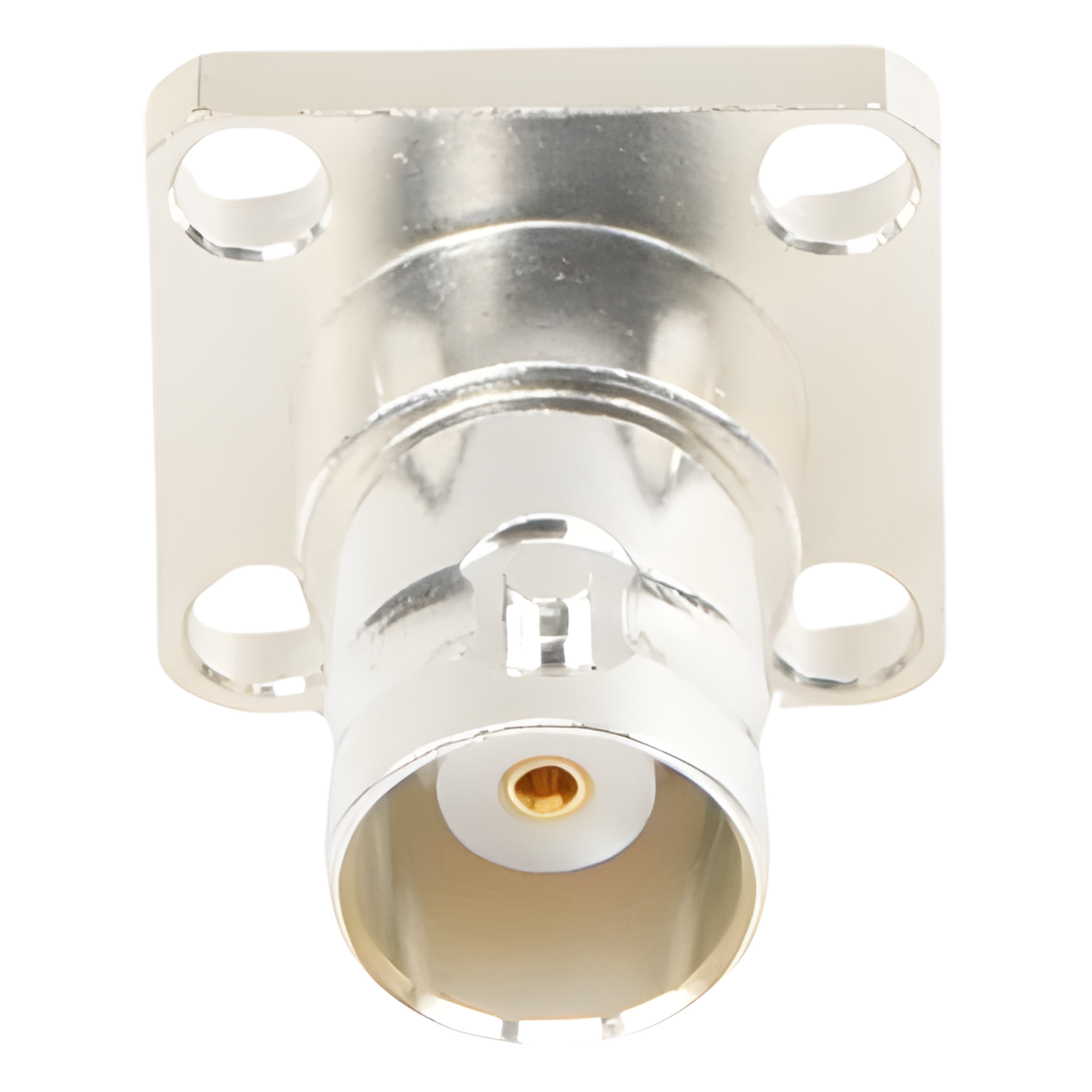 Conector BNC Hembra para Chasis / Montaje en Panel 17.53 mm / 4 Perforaciones 12.7 mm (0.5 in) / Impedancia 50 Ohm / Terminación por Soldadura