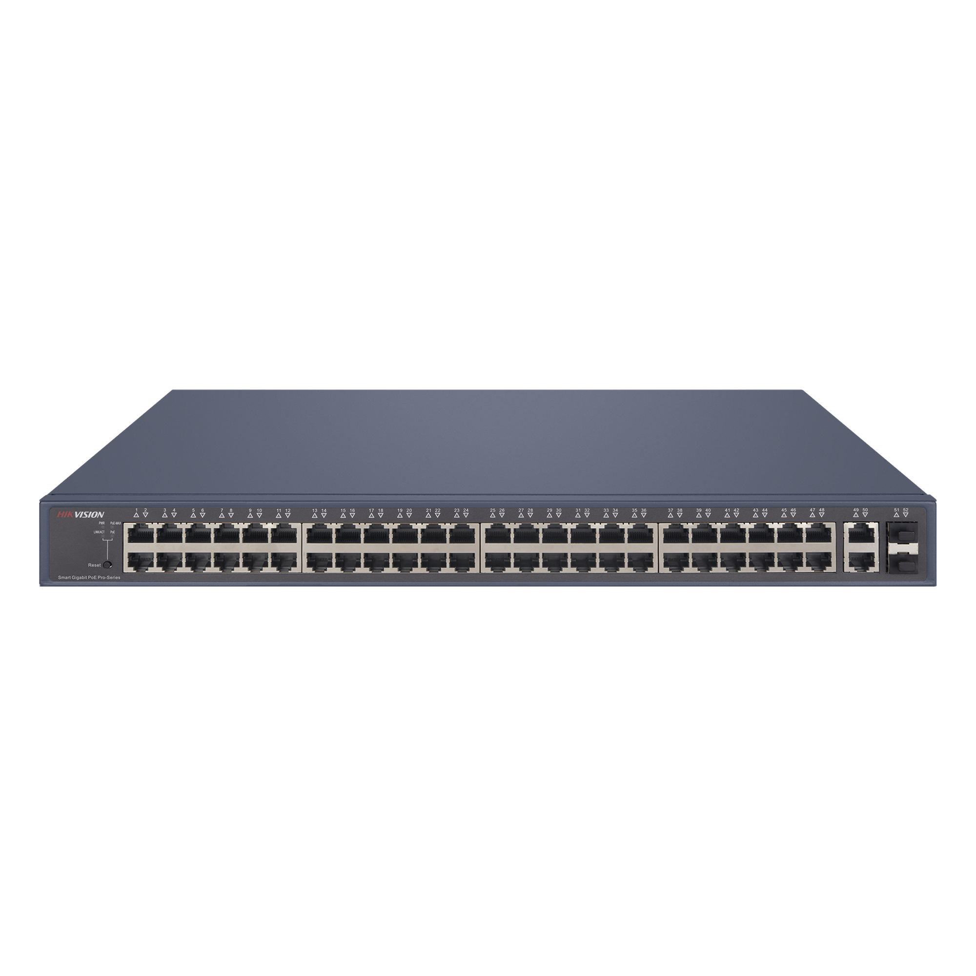 Switch PoE+ Administrable / 48 Puertos Gigabit PoE+ / 2 Puertos Uplink Gigabit / 2 Puertos SFP / 470W / 1U Rack — HIKVISION · SKU DS-3E1552P-SI