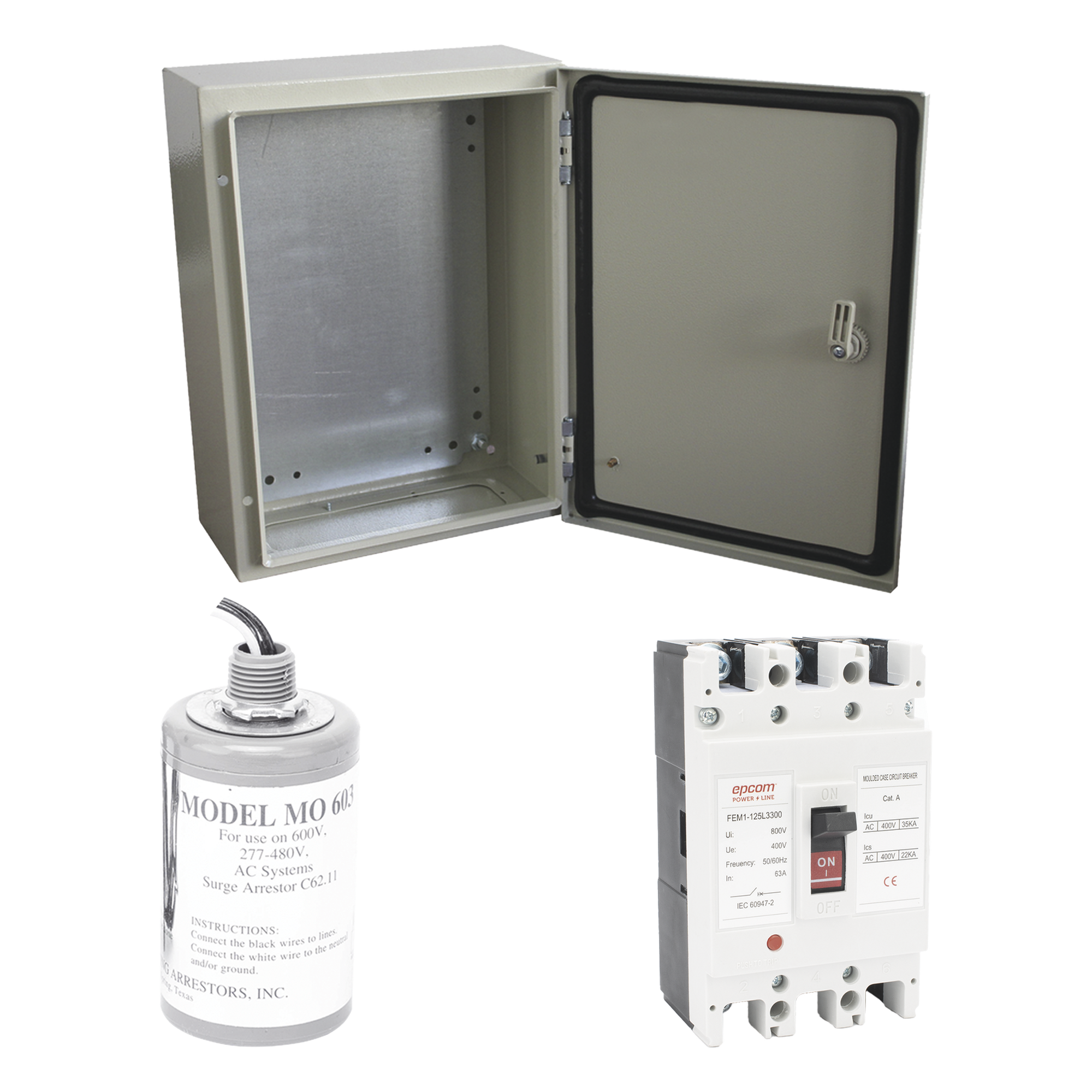 Kit de Centro de Carga Trifásico / 690 VCA / 125 A / 3 Polos / Supresor de Picos Transitorios / Sistemas Fotovoltaicos — EPCOM · SKU PL125ACA