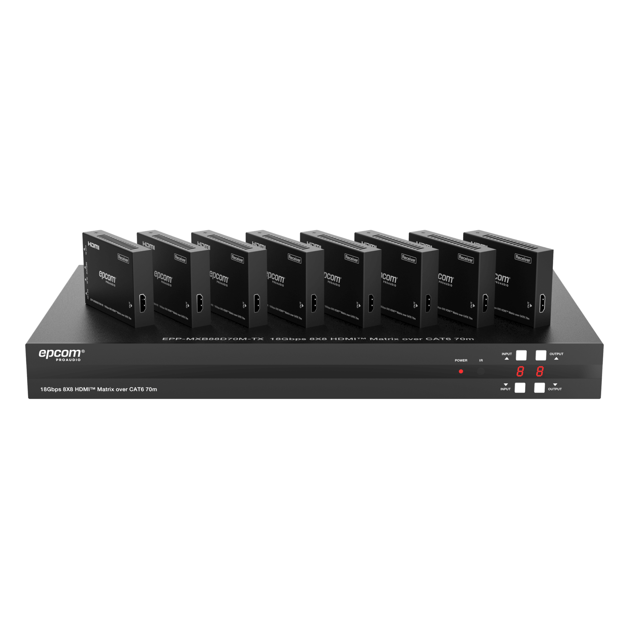 Matriz HDMI / 8x8 / 4K@60Hz 4:4:4 / 8 Salidas HDMI + 8 CAT / Extensión 70 m (229.7 ft) / HDR10 / Dolby Vision / Control Web — EPCOM PROAUDIO · SKU EPP-MXB88D70M