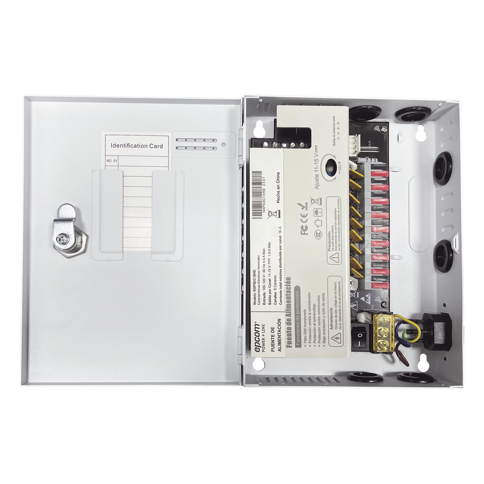 Fuente de Alimentación Profesional / 9 Canales / 16 A Total / 11-15 VCC Ajustable / 200 W / Filtro de Ruido por Canal