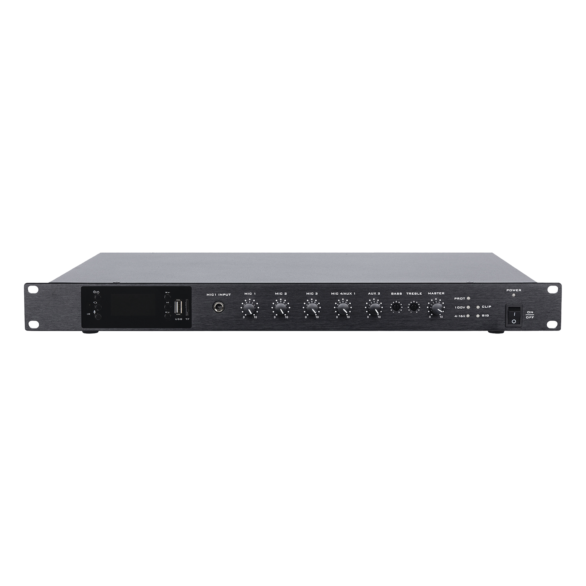 Amplificador de Audio / 1 Canal / 350 W RMS / Sistema 100V y Baja Impedancia 4-16Ω / 4 Entradas Micrófono Balanceadas / Bluetooth / USB / SD / FM / Montaje Rack — EPCOM PROAUDIO · SKU EP-B350DTB