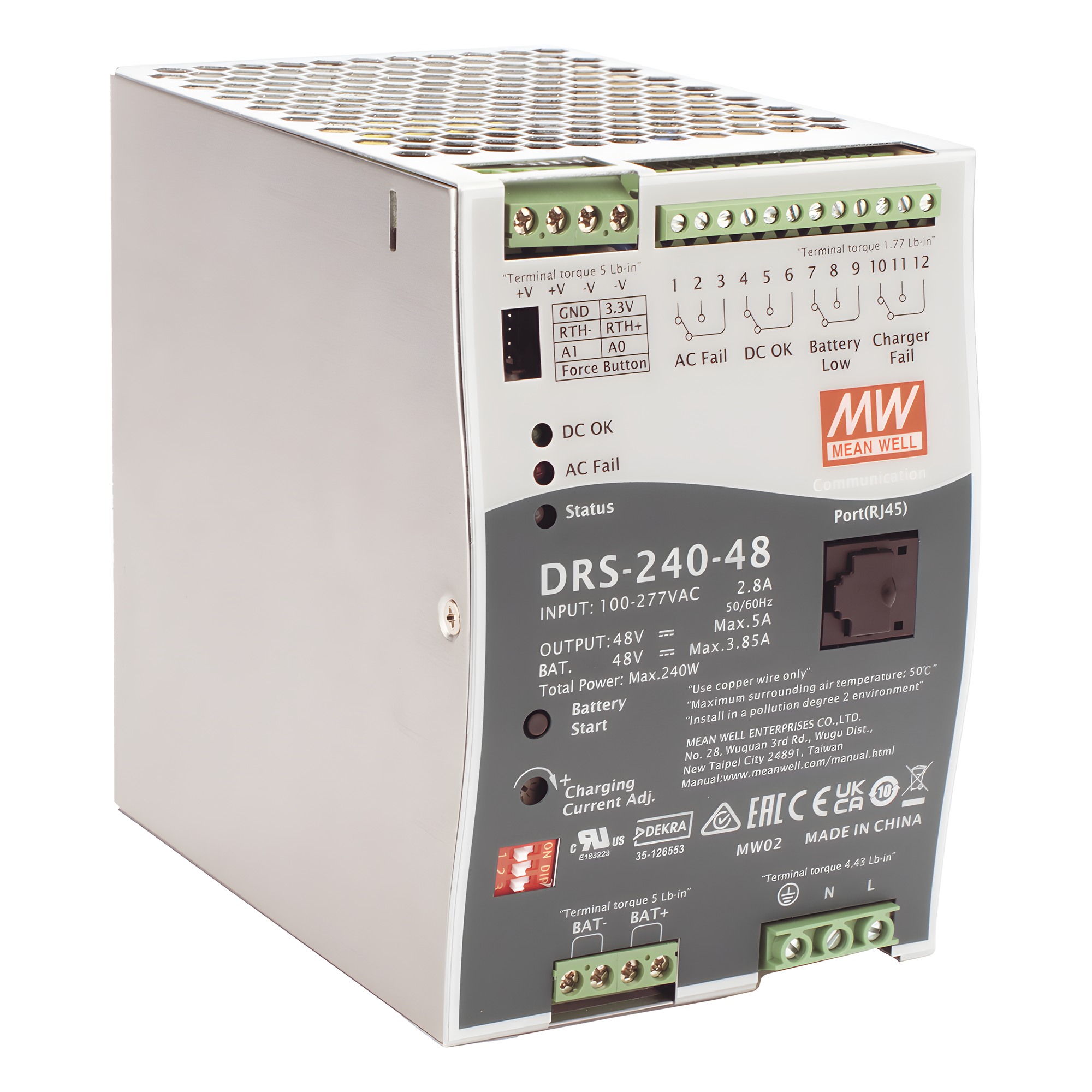 Fuente de Poder Industrial / 240W / Salida 48Vcc / 5A / Cargador de Baterías / Riel DIN / Entrada Universal 90-305Vca