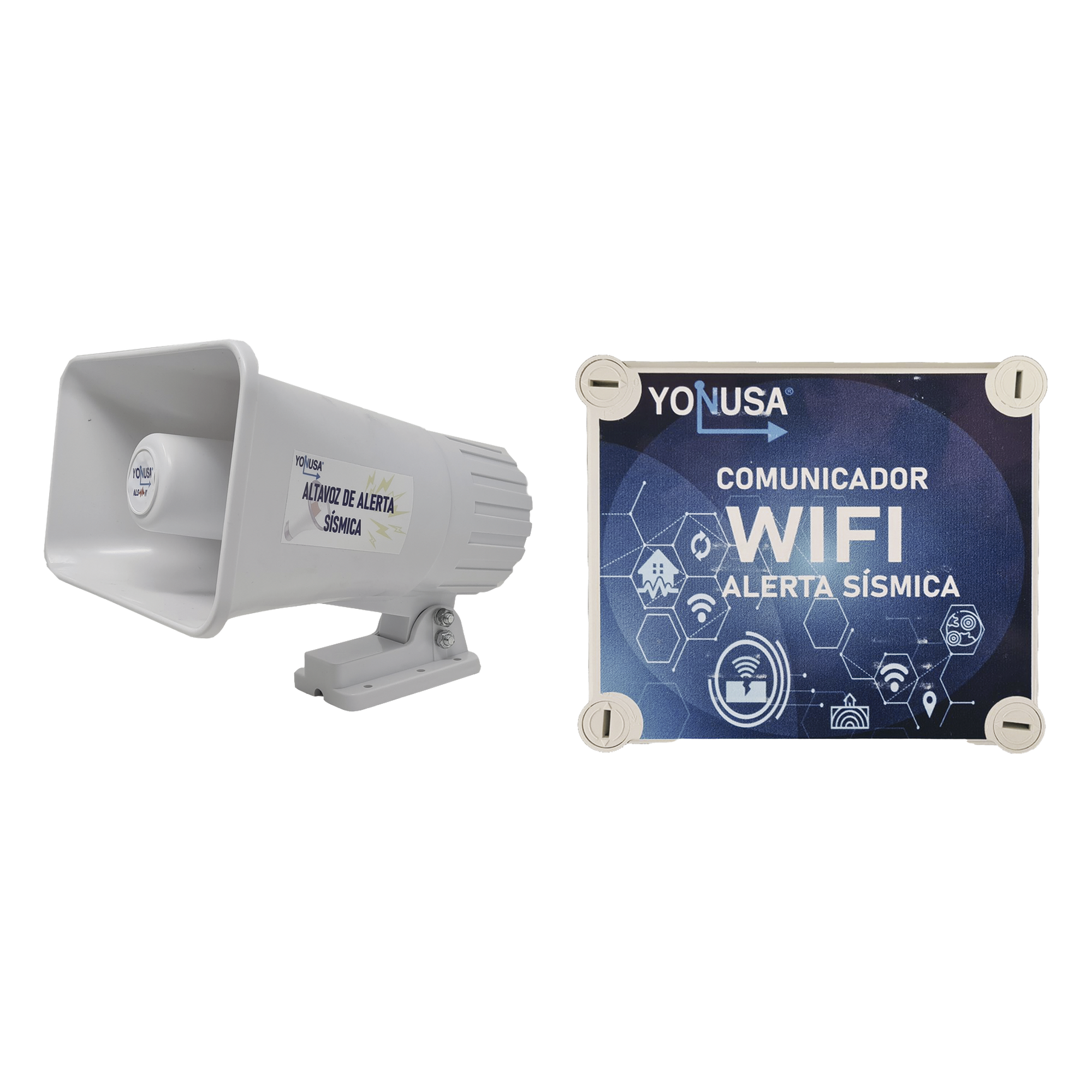 Kit de Alertamiento Sísmico / Audio Oficial SASMEX 120 dB / Receptor Wi-Fi / Replicación a Sirena y App Móvil / 12 VCD — YONUSA · SKU YKIT-SISMICO-WIFI