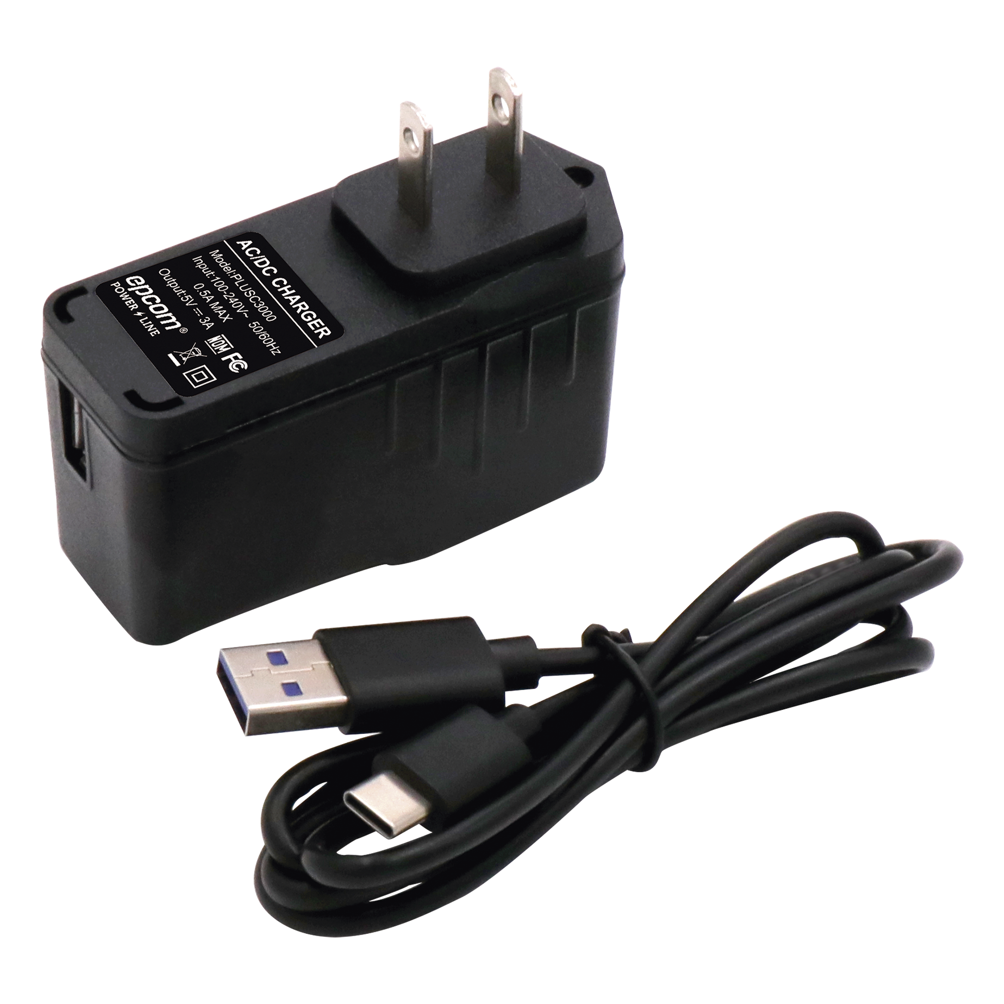Adaptador de corriente AC/DC / Entrada 100-240 VCA / Salida 5 VCC @ 3 A / Conectores USB-C y micro-USB — EPCOM POWERLINE · SKU PLUSC3000