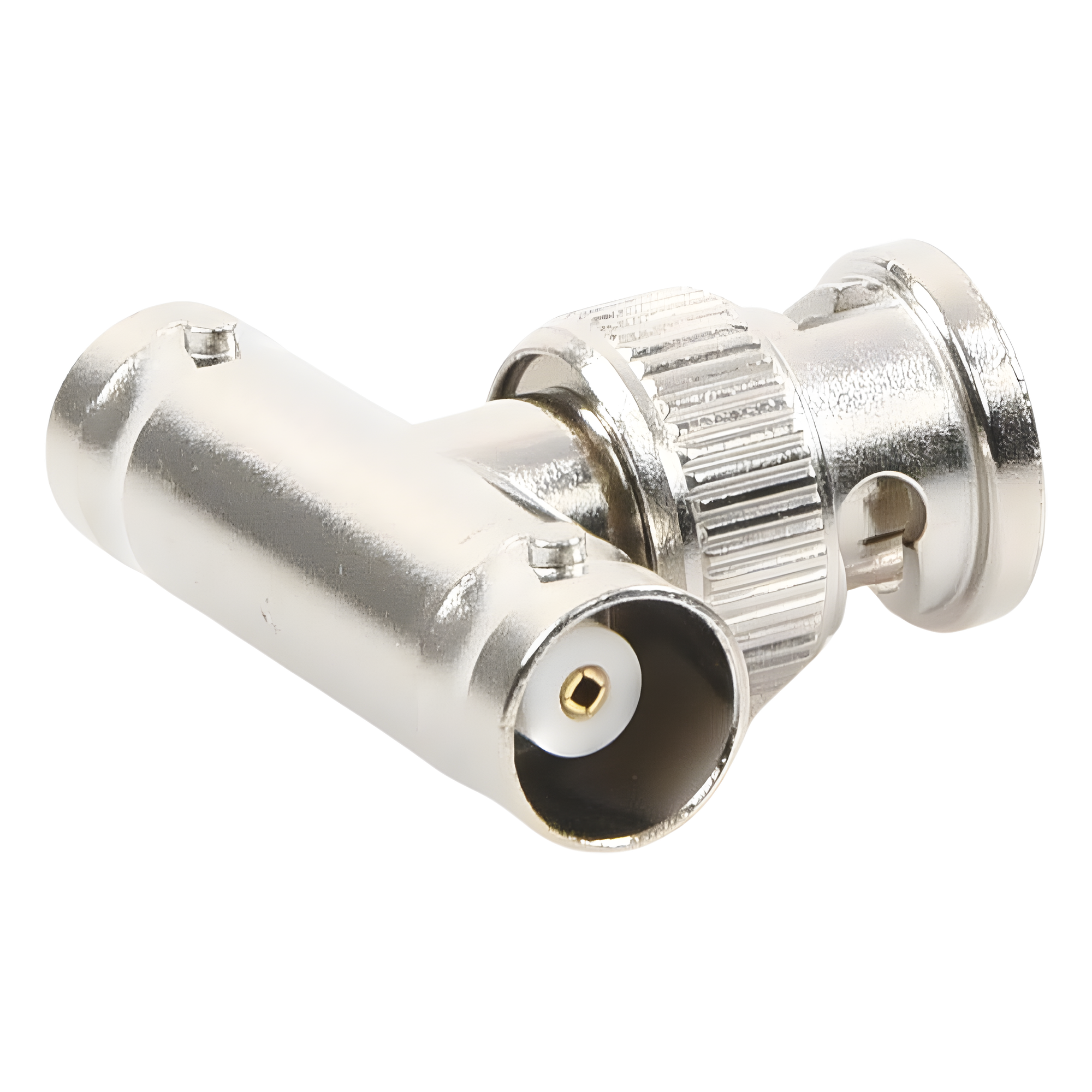 Adaptador RF en T / BNC Macho a Doble BNC Hembra / 50 Ohm / Cuerpo Troquelado Niquelado / Contacto Oro / Aislante Delrin