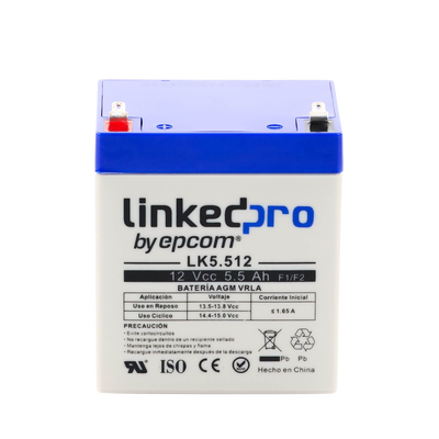 Batería de respaldo 12 V  |  5.5 Ah  |  AGM | Especial para Seguridad Electrónica | UPS | Sistemas de Emergencia  | Vida útil 5 años | Terminales F1  + Adaptador F2