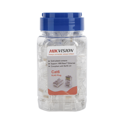 Bote de Conectores RJ45 / Cat 6 / Chapado en Oro 15 μm / UTP / 24 AWG / 100 Piezas / Sin Blindaje / Uso Interior — HIKVISION · SKU DS-1M6UA-15U