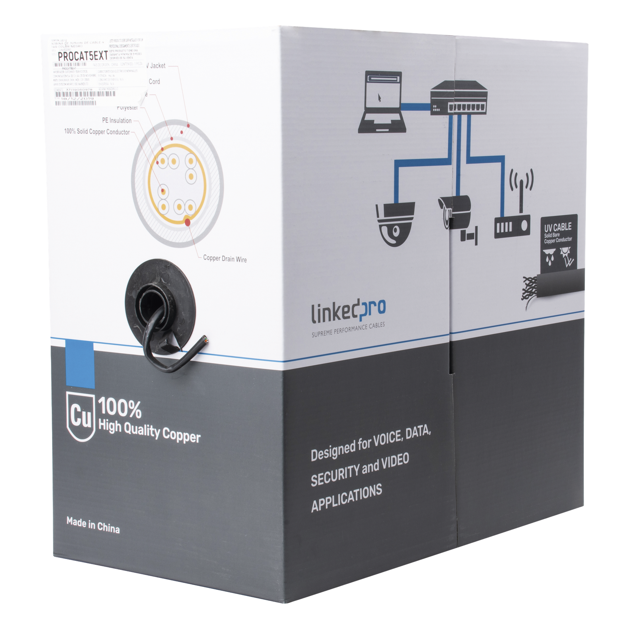 Bobina de Cable / Cat5e / FTP / 305 m (1000 pies) / Blindado / Intemperie CMX / 24 AWG / Cobre / Negro — LINKEDPRO BY EPCOM · SKU PRO-CAT-5-EXT