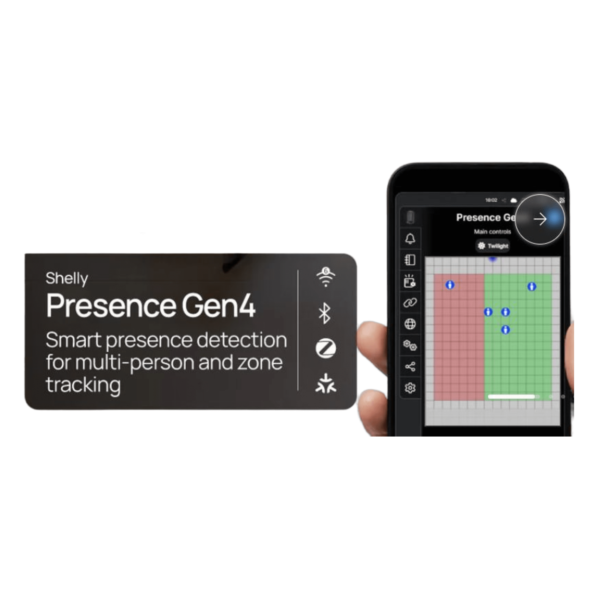 Sensor de Presencia Inteligente / Detección Real sin Movimiento / Multiprotocolo Wi-Fi, Zigbee, Bluetooth, Matter / Cobertura 8 x 8 m (26.2 x 26.2 ft) / 6 Personas / 10 Zonas