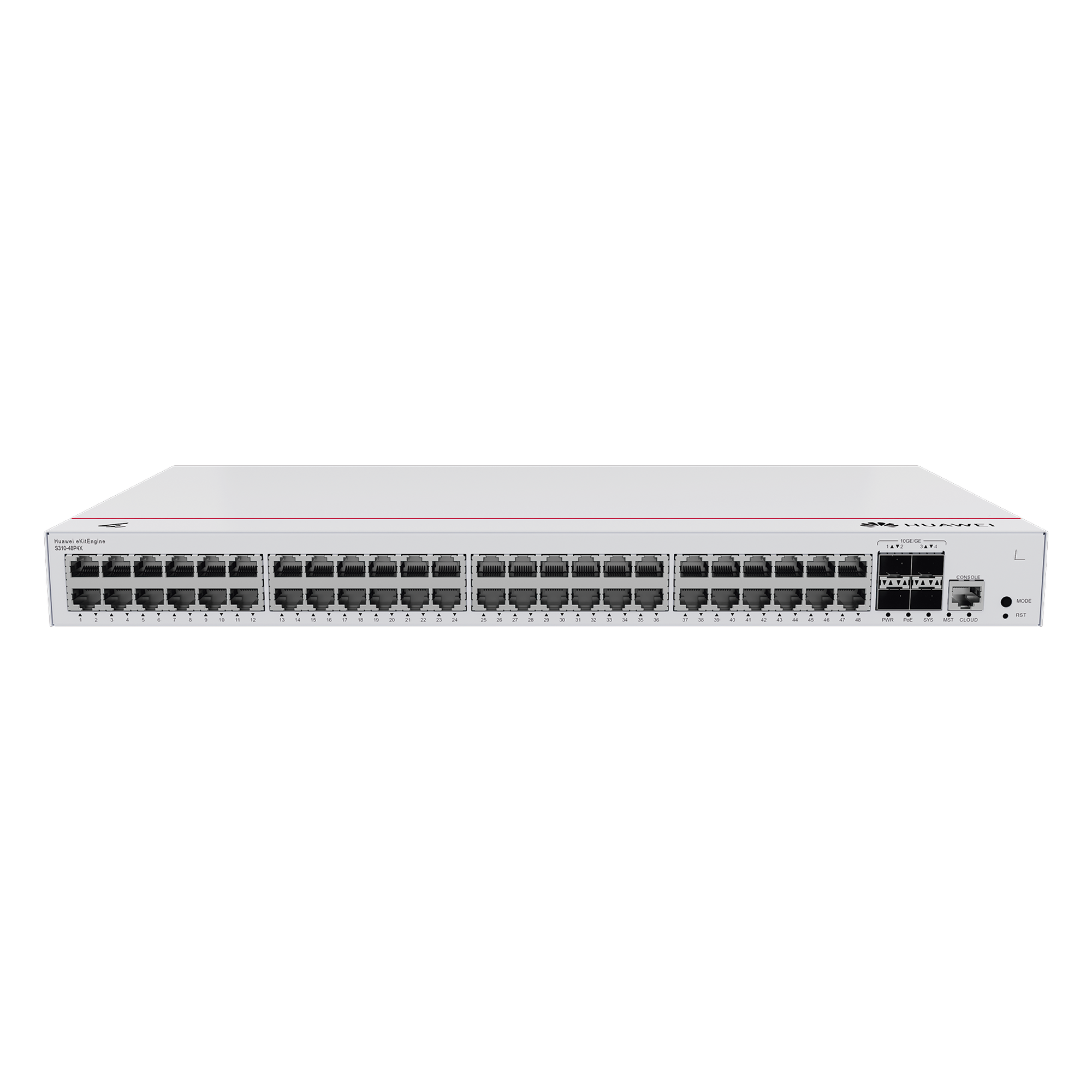 Switch PoE Administrable Capa 3 / 48 Puertos Gigabit PoE / 4 Uplink 10GE SFP+ / PoE Perpetuo / 380W / iStack / ERPS — HUAWEI · SKU S310-48P4X