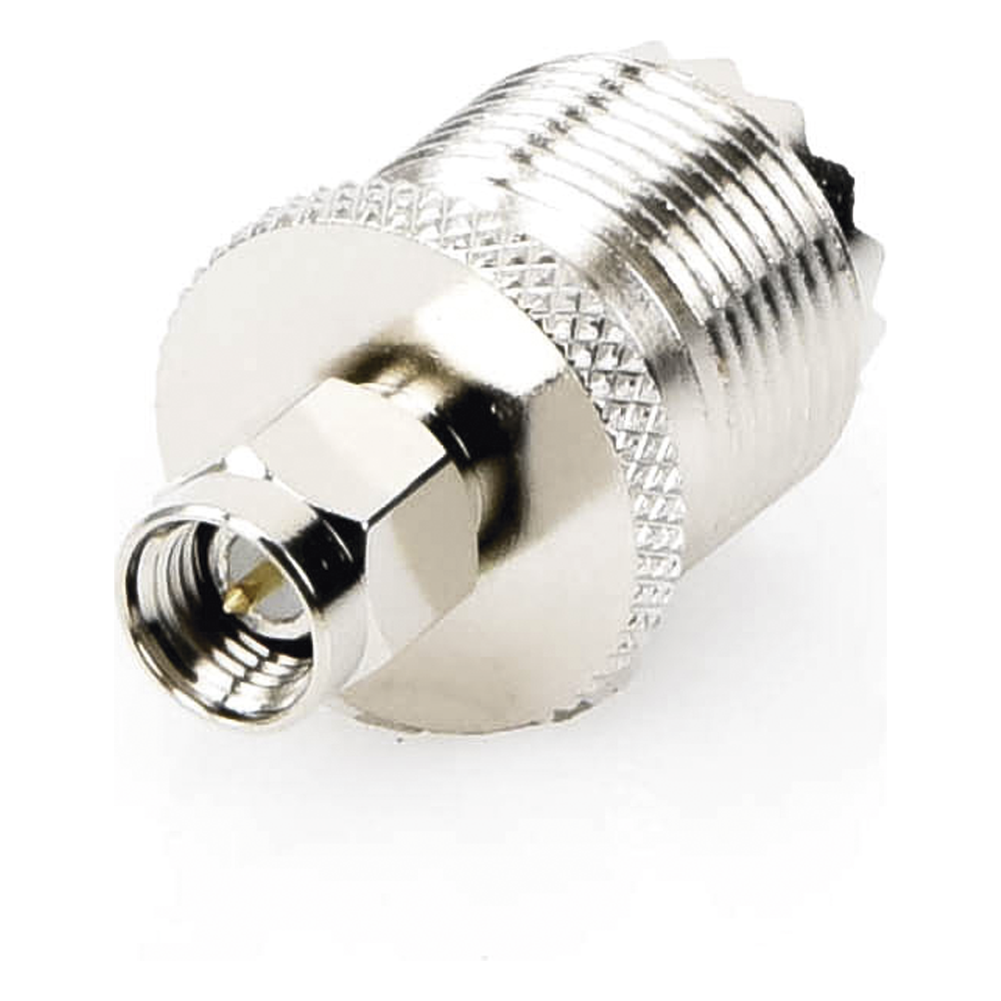 Adaptador Coaxial en Línea / SMA Macho a UHF Hembra (SO-239) / Cuerpo Bronce Niquelado / Contacto Oro / Aislante Teflón