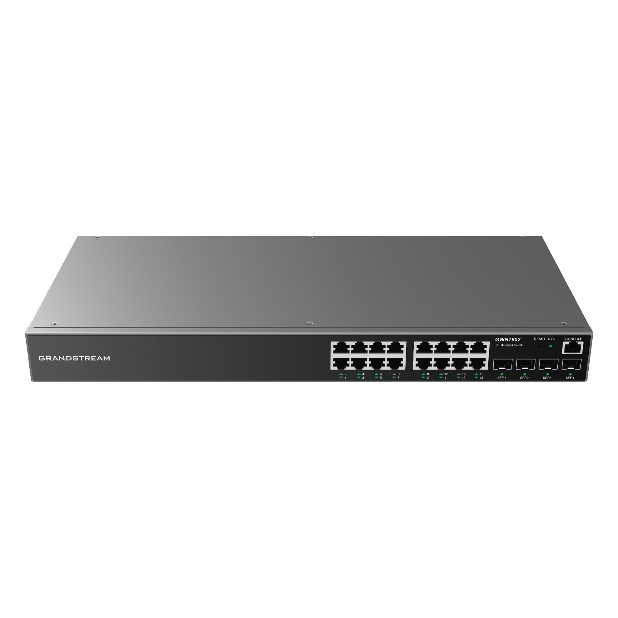 Switch Gigabit Administrable / 16 Puertos RJ45 10/100/1000 Mbps / 4 Puertos SFP Uplink / 40 Gbps Capacidad de Conmutación — GRANDSTREAM · SKU GWN7802