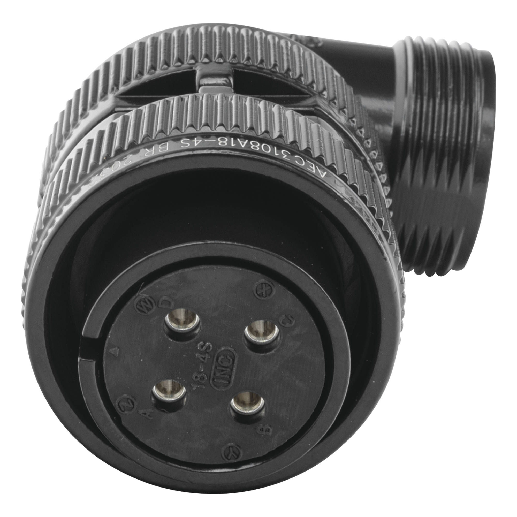 Conector Hembra en Ángulo Recto / 4 Contactos / Terminales Soldables / AWG 14-12 / Cuerpo Plateado Negro / Aislante Delrin / 90°